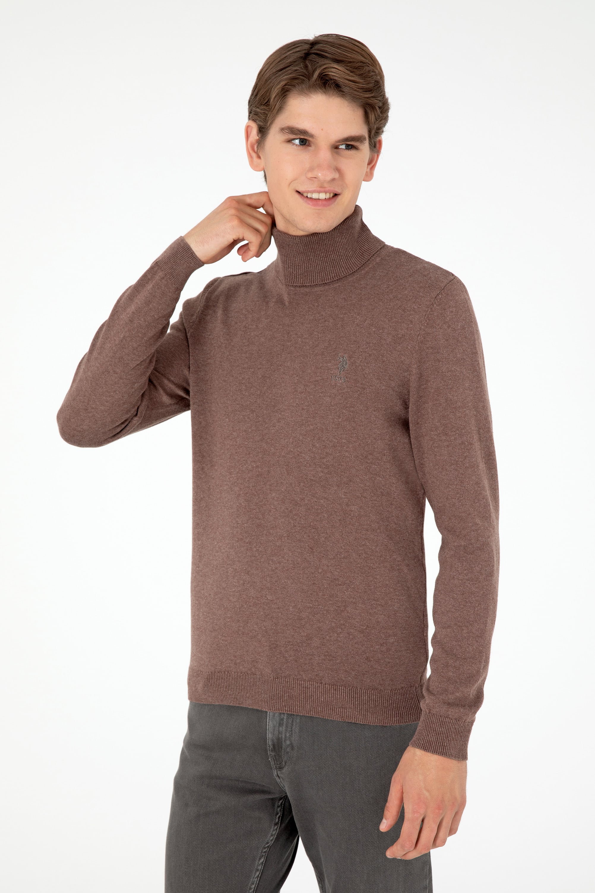 Erkek Slim Fit Boğazlı Yaka Vizon Melanj Basic Kazak