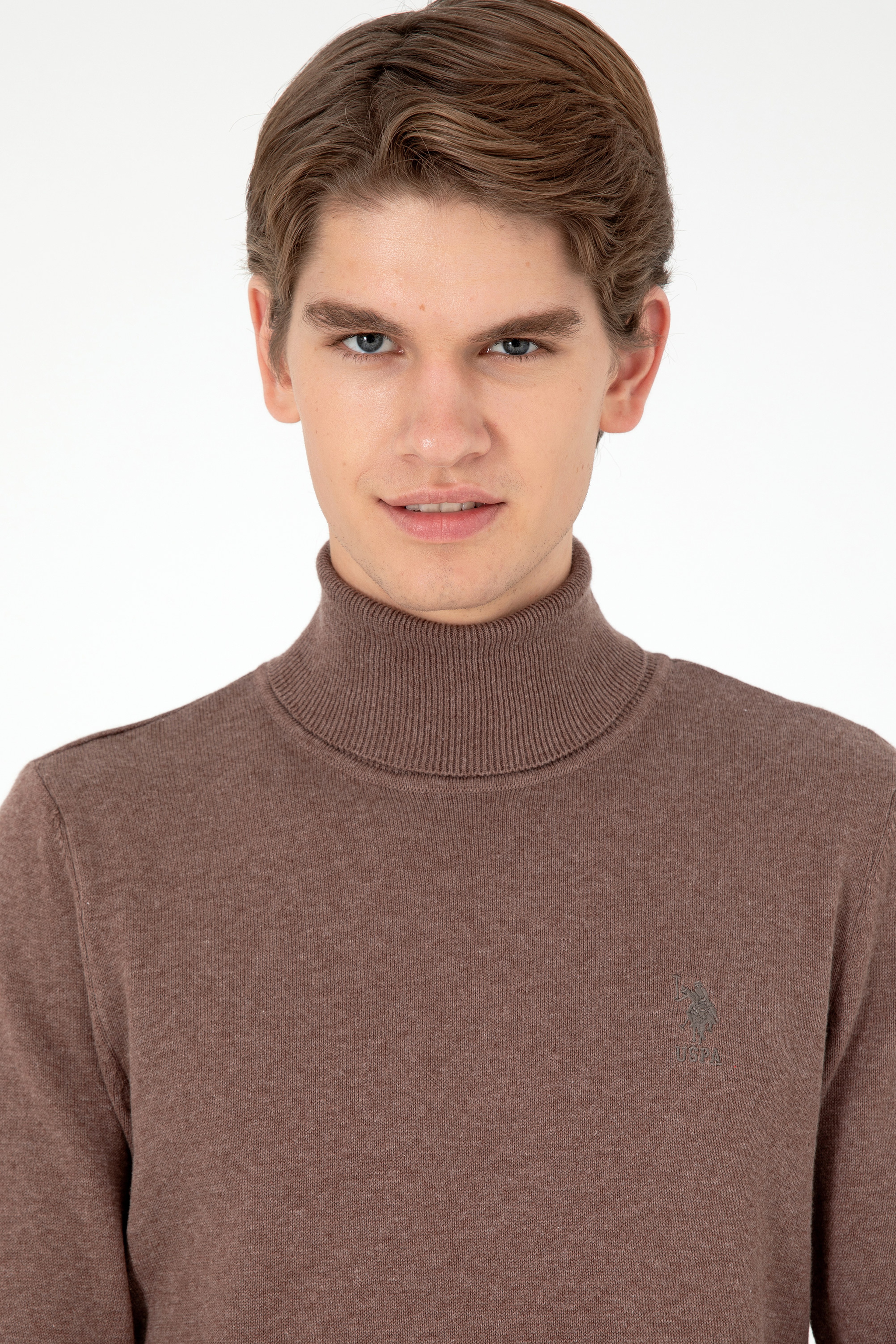 Erkek Slim Fit Boğazlı Yaka Vizon Melanj Basic Kazak - Image 2