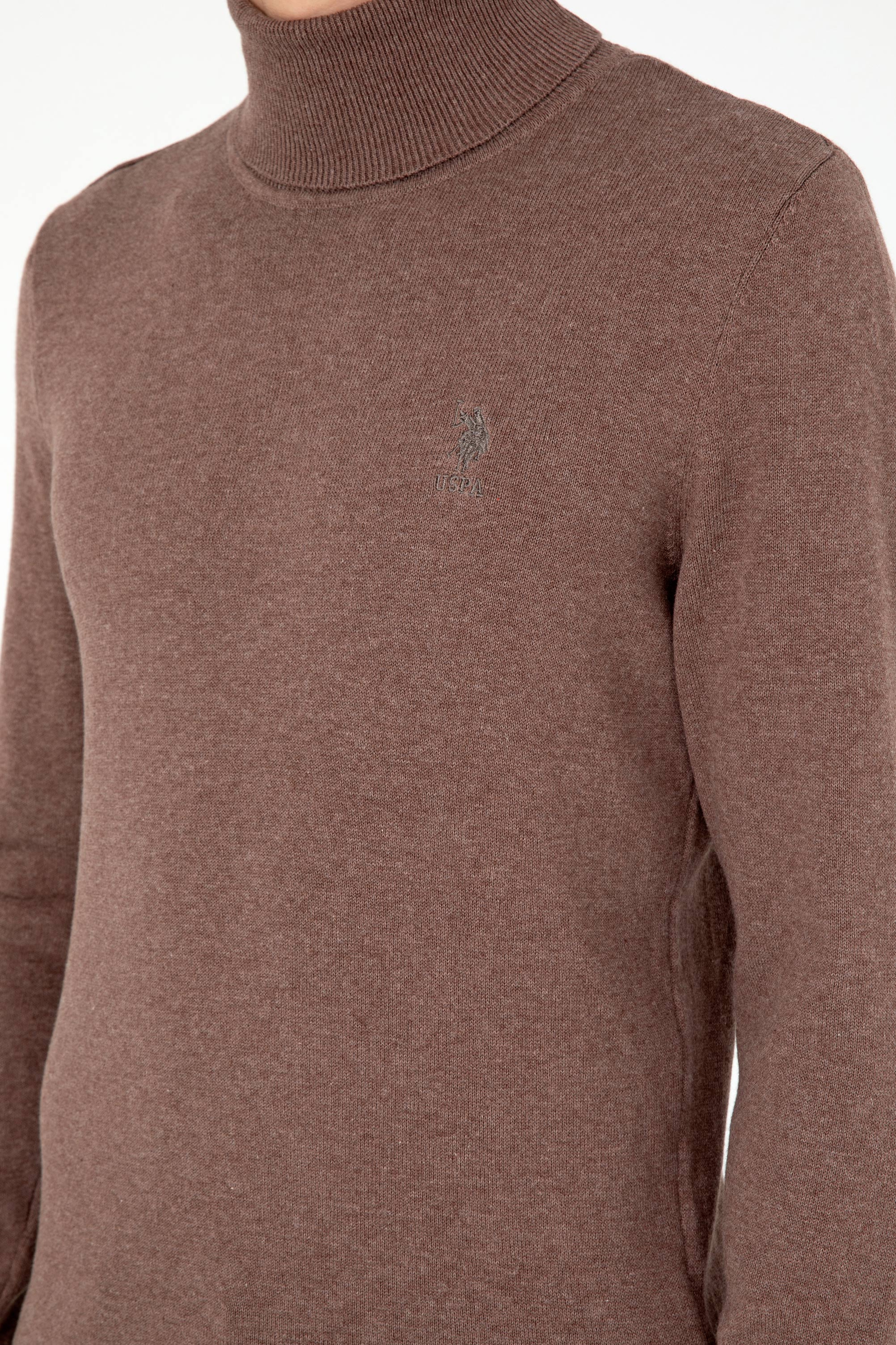 Erkek Slim Fit Boğazlı Yaka Vizon Melanj Basic Kazak - Image 7