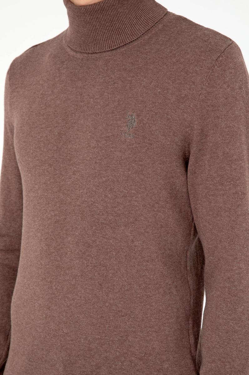 Erkek Slim Fit Boğazlı Yaka Vizon Melanj Basic Kazak