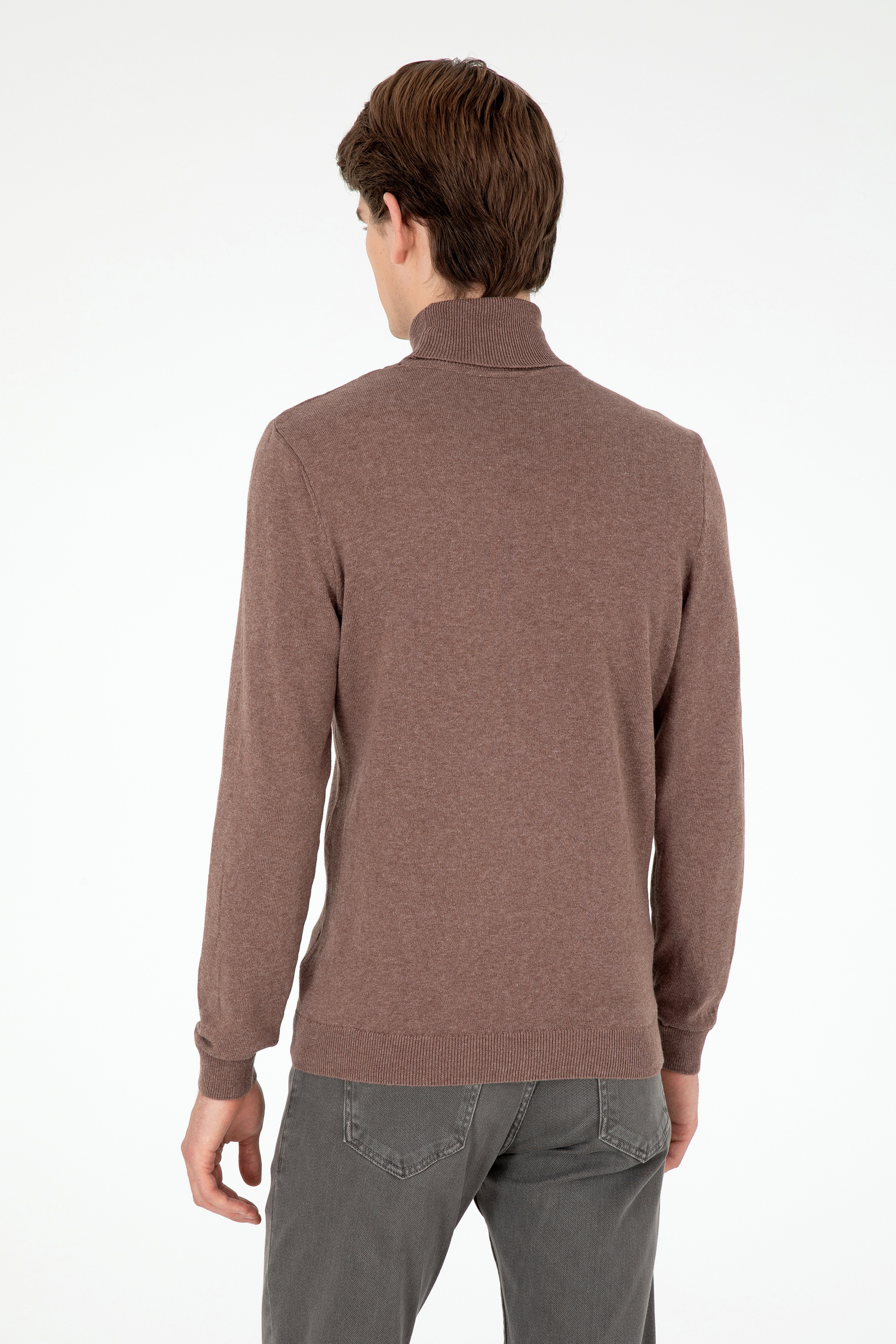 Erkek Slim Fit Boğazlı Yaka Vizon Melanj Basic Kazak - Image 5