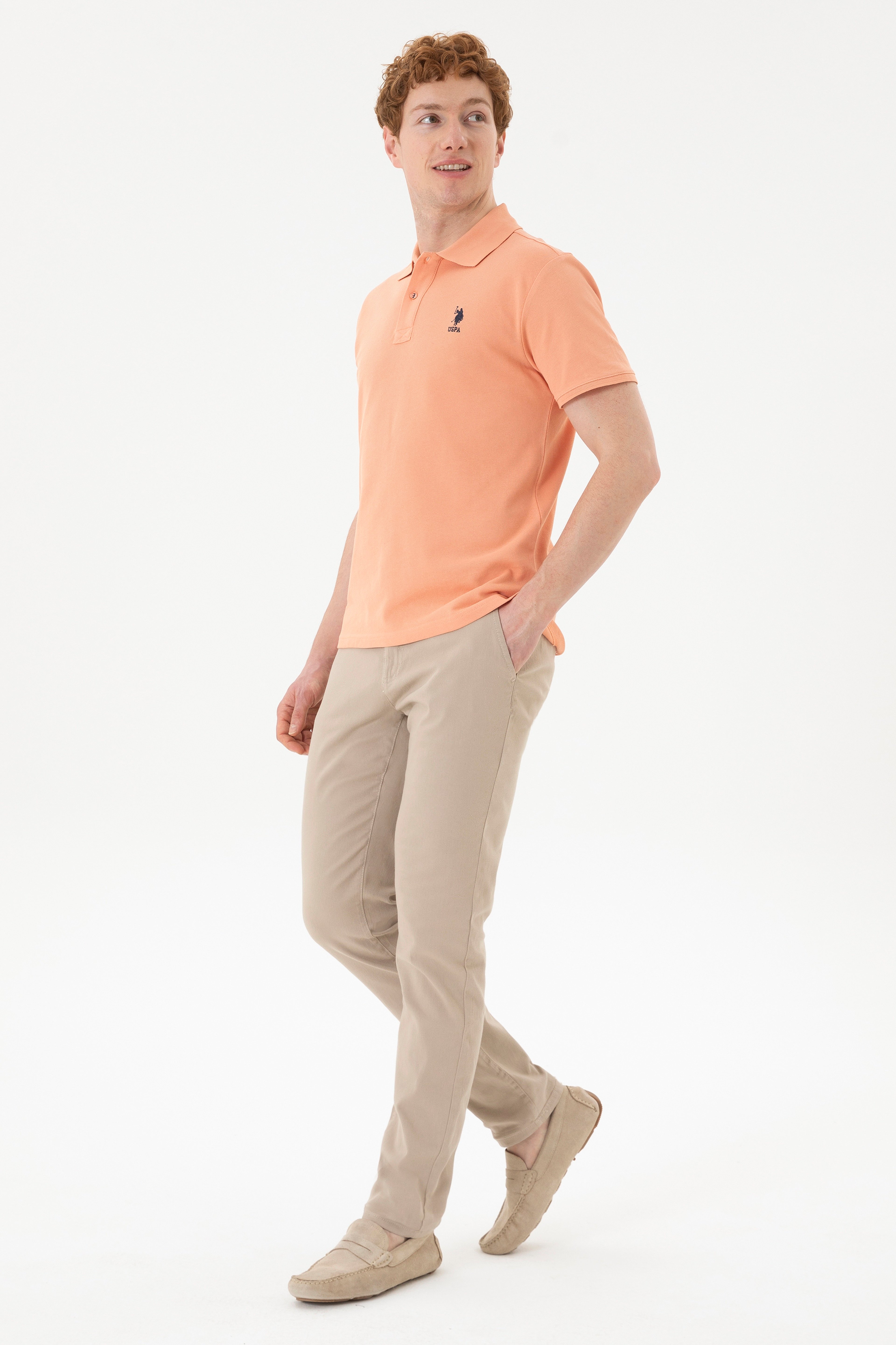 Erkek Slim Fit Polo Yaka Somon Basic Tişört