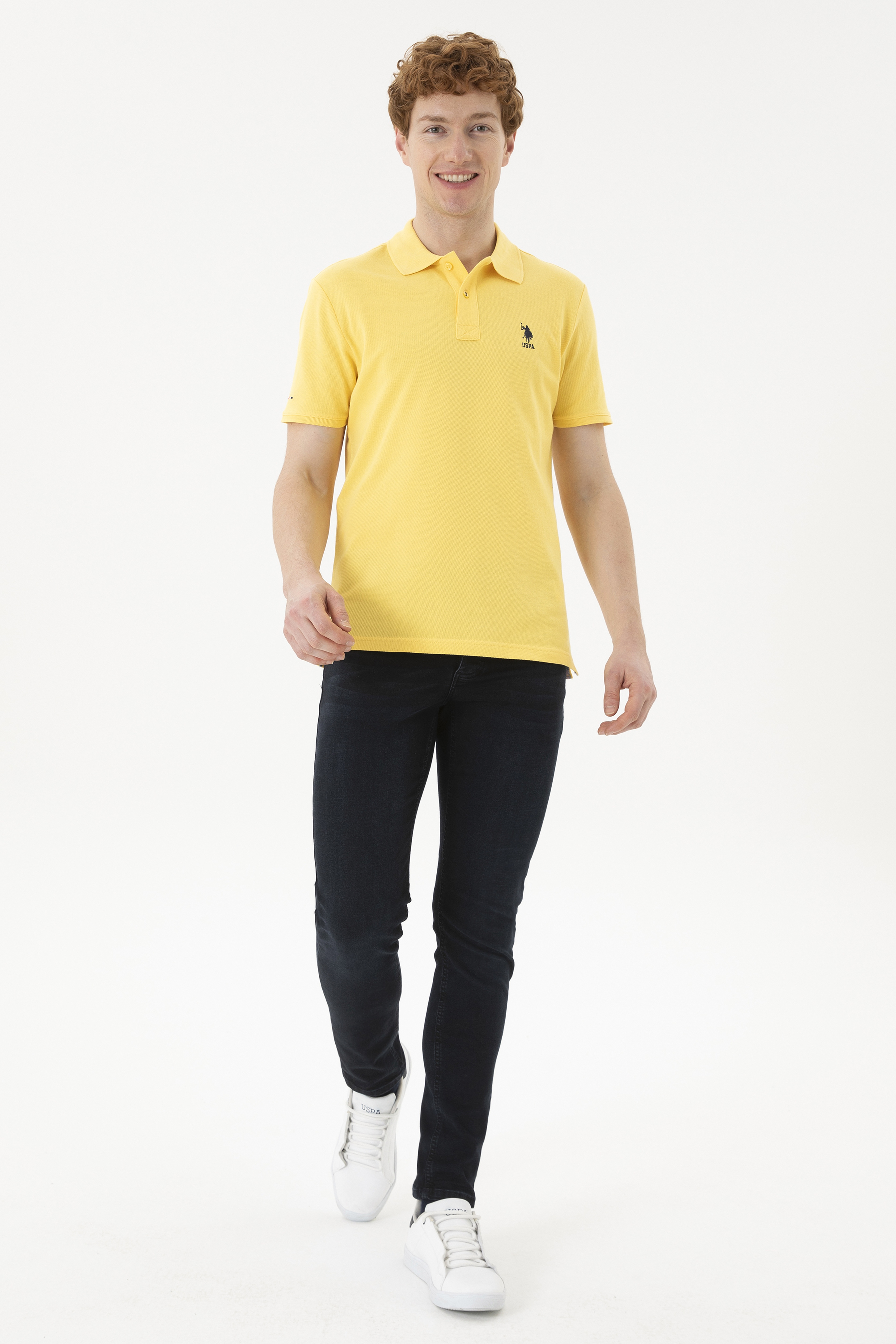 Erkek Slim Fit Polo Yaka Sarı Basic Tişört