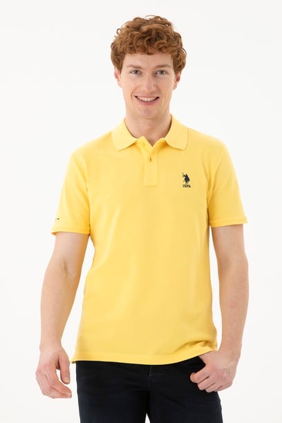 Erkek Slim Fit Polo Yaka Sarı Basic Tişört