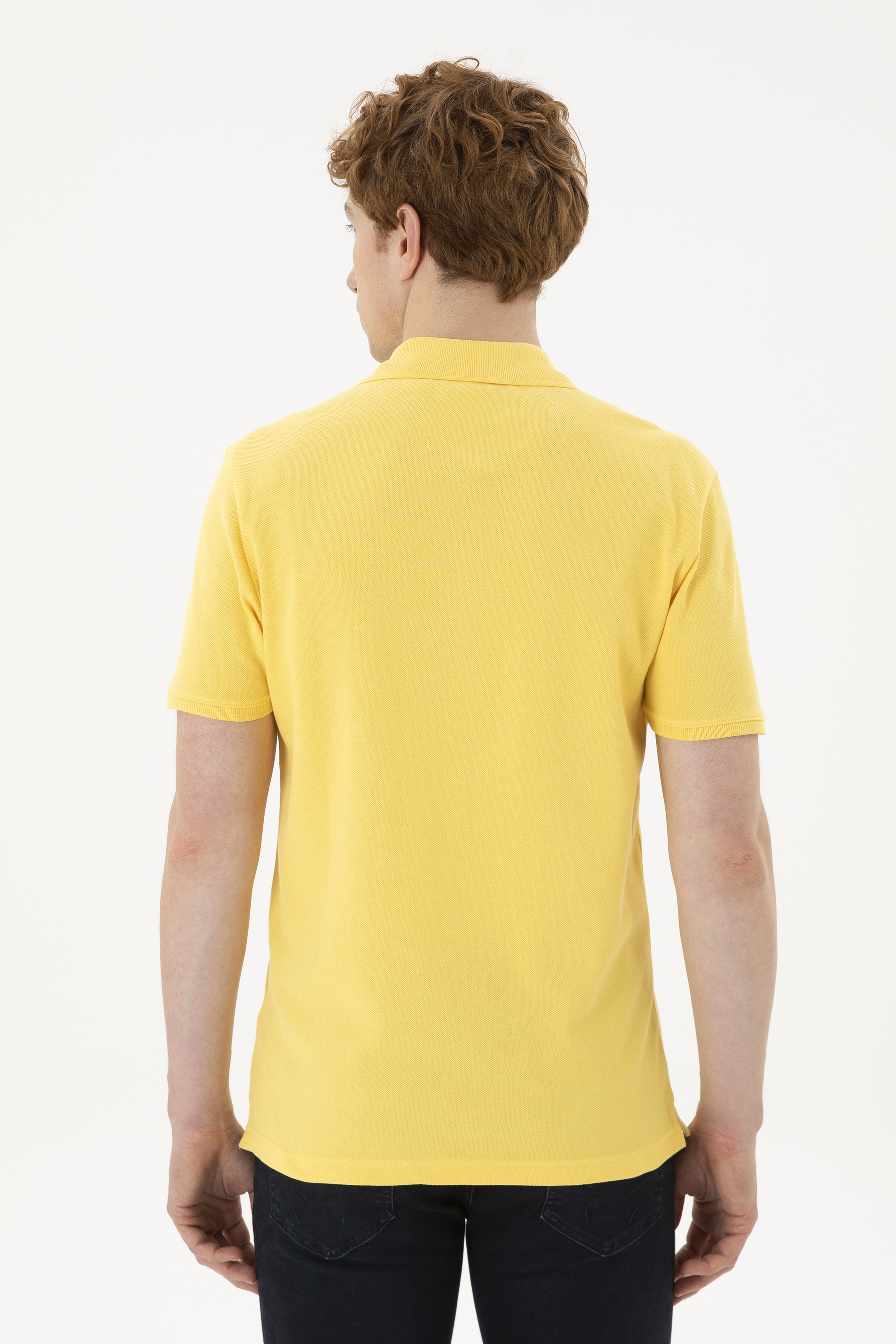 Erkek Slim Fit Polo Yaka Sarı Basic Tişört - Image 5