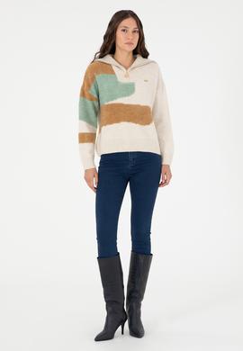 Kadın Krem V Yaka Kazak - 50293108014