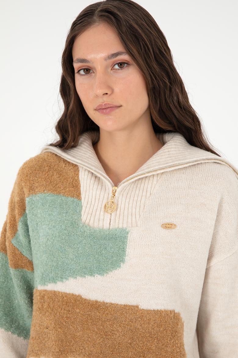 Kadın Krem V Yaka Kazak - 50293108014