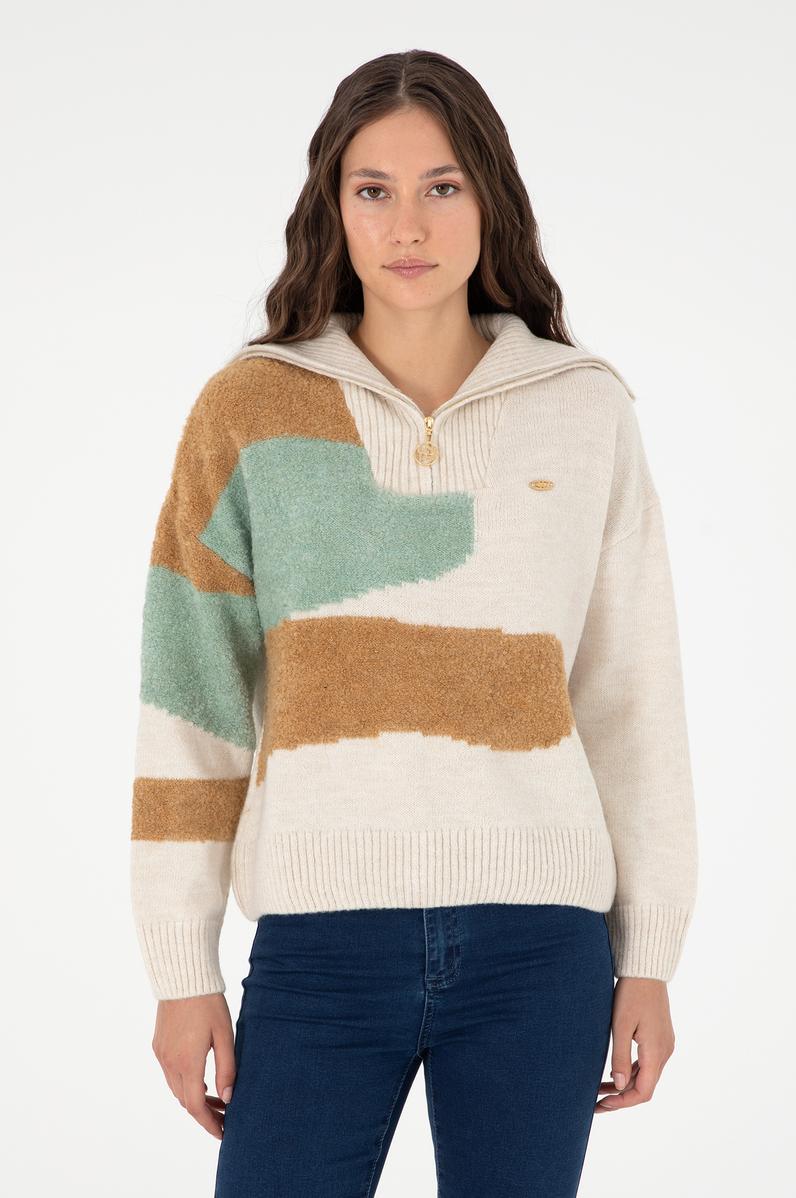 Kadın Krem V Yaka Kazak