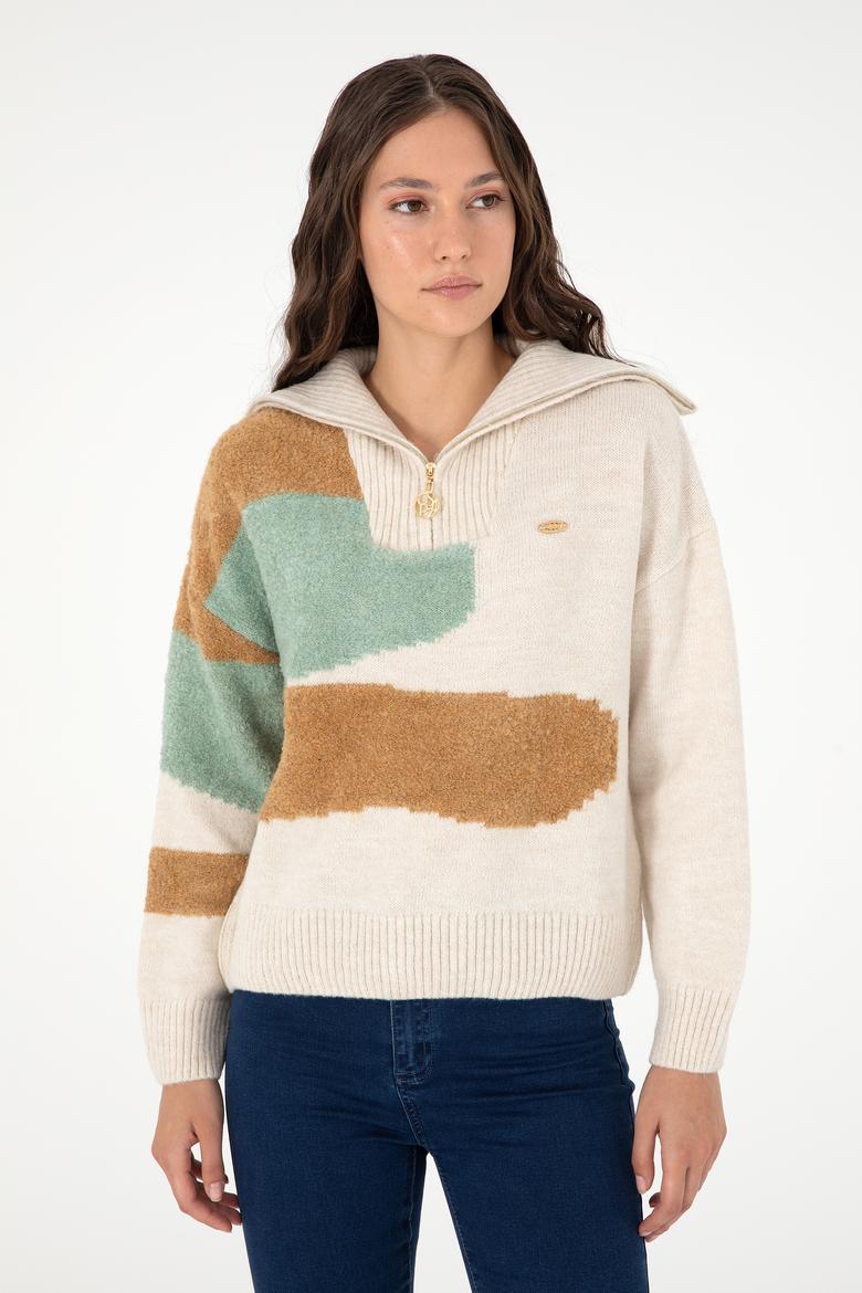 Kadın Krem V Yaka Kazak - 50293108014