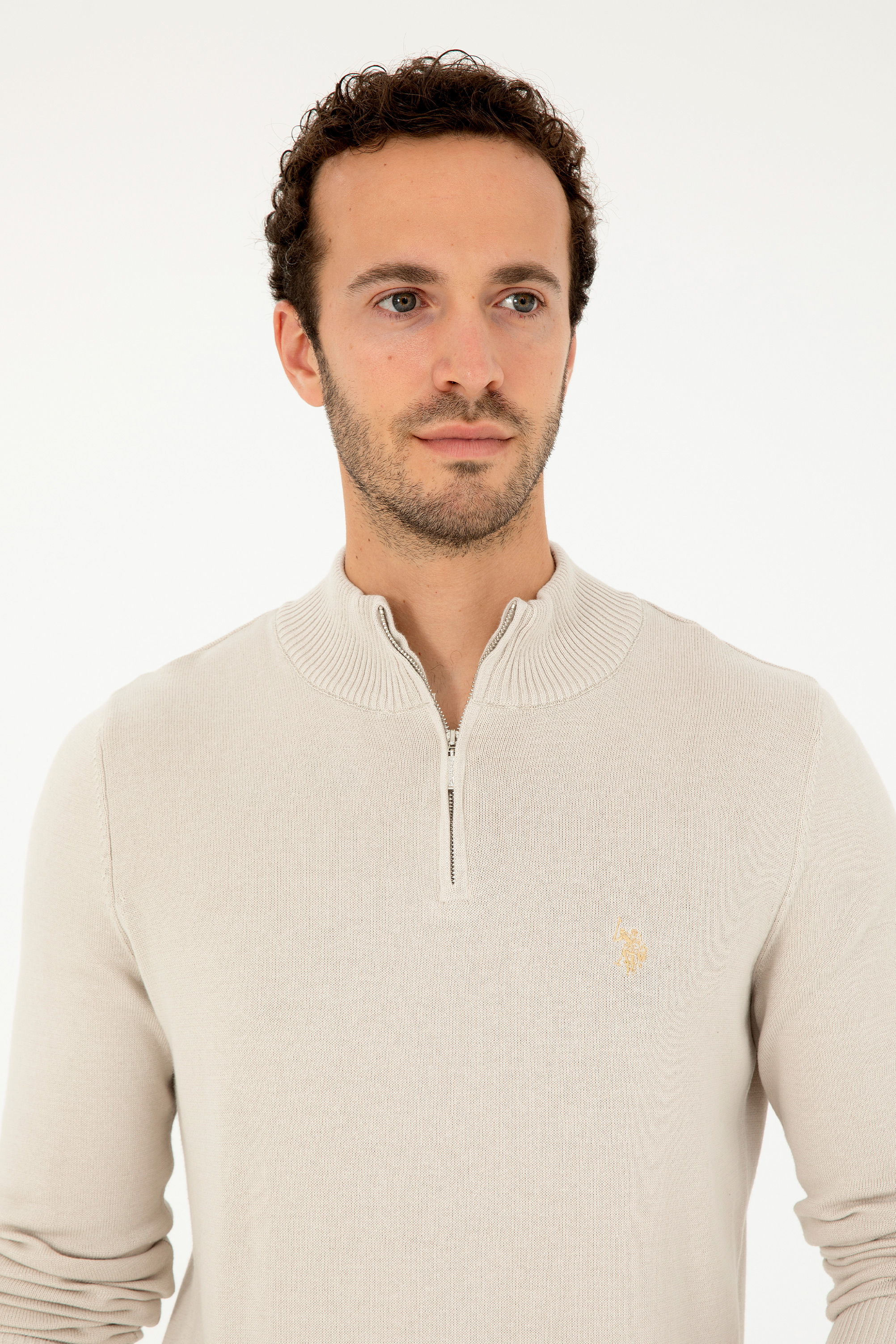 Erkek Slim Fit Yarım Fermuarlı Taş Basic Kazak - Image 2