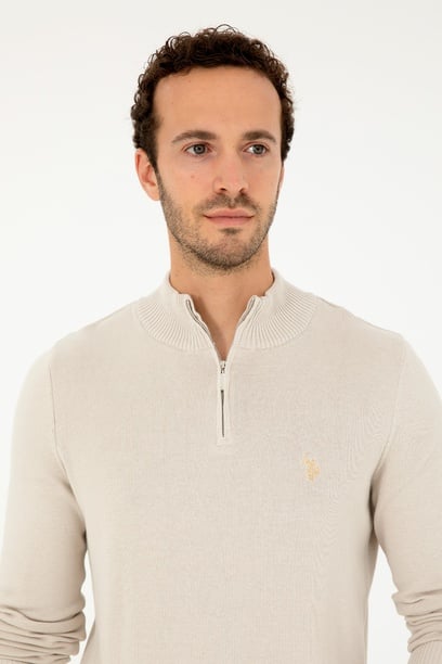 Erkek Slim Fit Yarım Fermuarlı Taş Basic Kazak