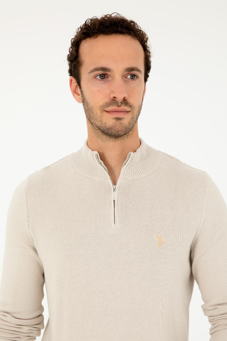 Erkek Slim Fit Yarım Fermuarlı Taş Basic Kazak - 50293517014