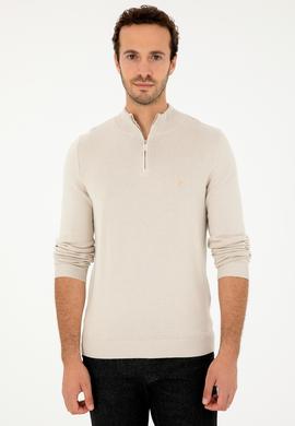 Erkek Slim Fit Yarım Fermuarlı Taş Basic Kazak - 50293517014