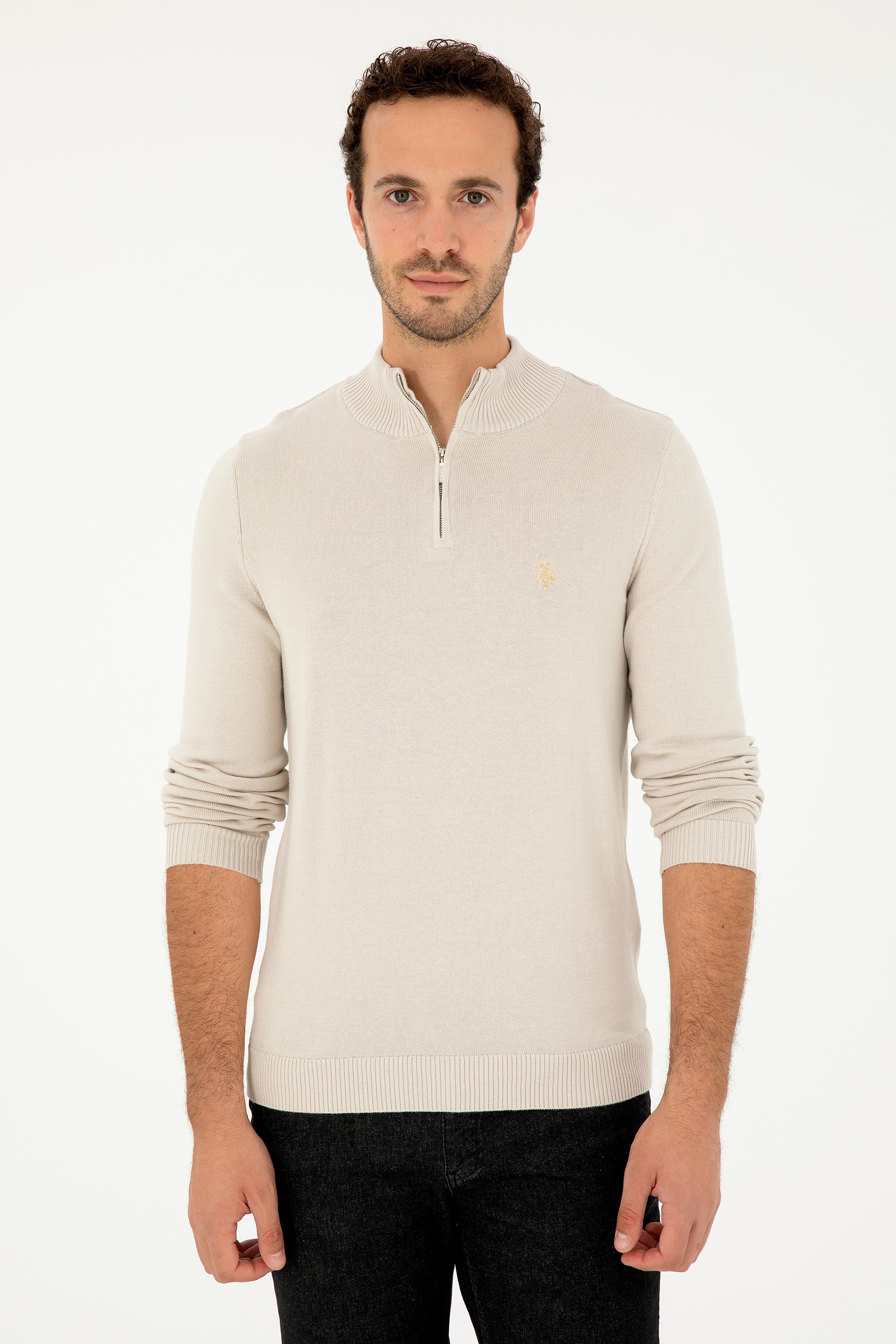 Erkek Slim Fit Yarım Fermuarlı Taş Basic Kazak