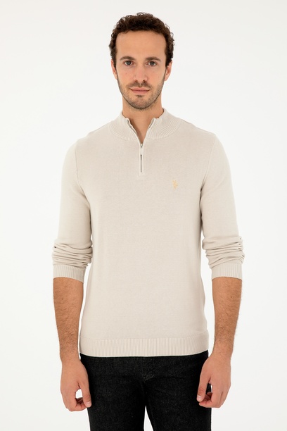 Erkek Slim Fit Yarım Fermuarlı Taş Basic Kazak