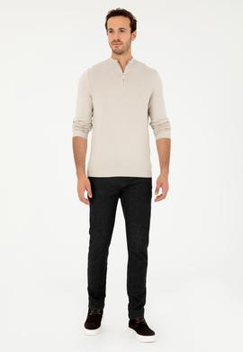 Erkek Slim Fit Yarım Fermuarlı Taş Basic Kazak - 50293517014