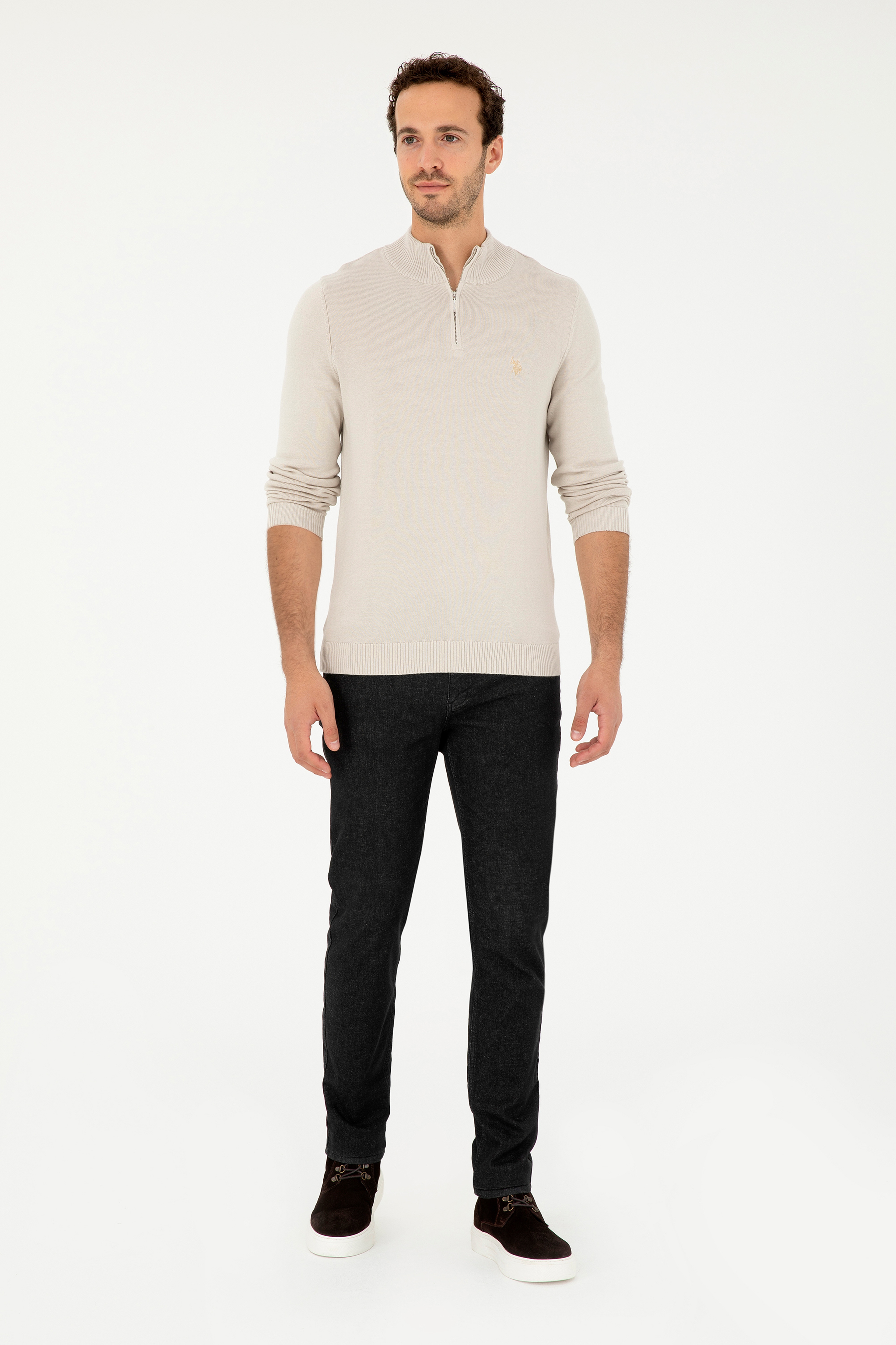 Erkek Slim Fit Yarım Fermuarlı Taş Basic Kazak - Image 4