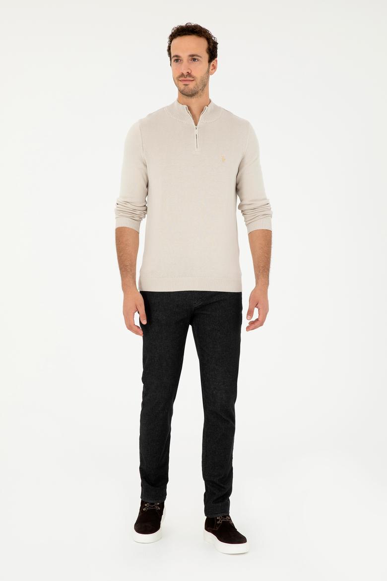 Erkek Slim Fit Yarım Fermuarlı Taş Basic Kazak - 50293517014