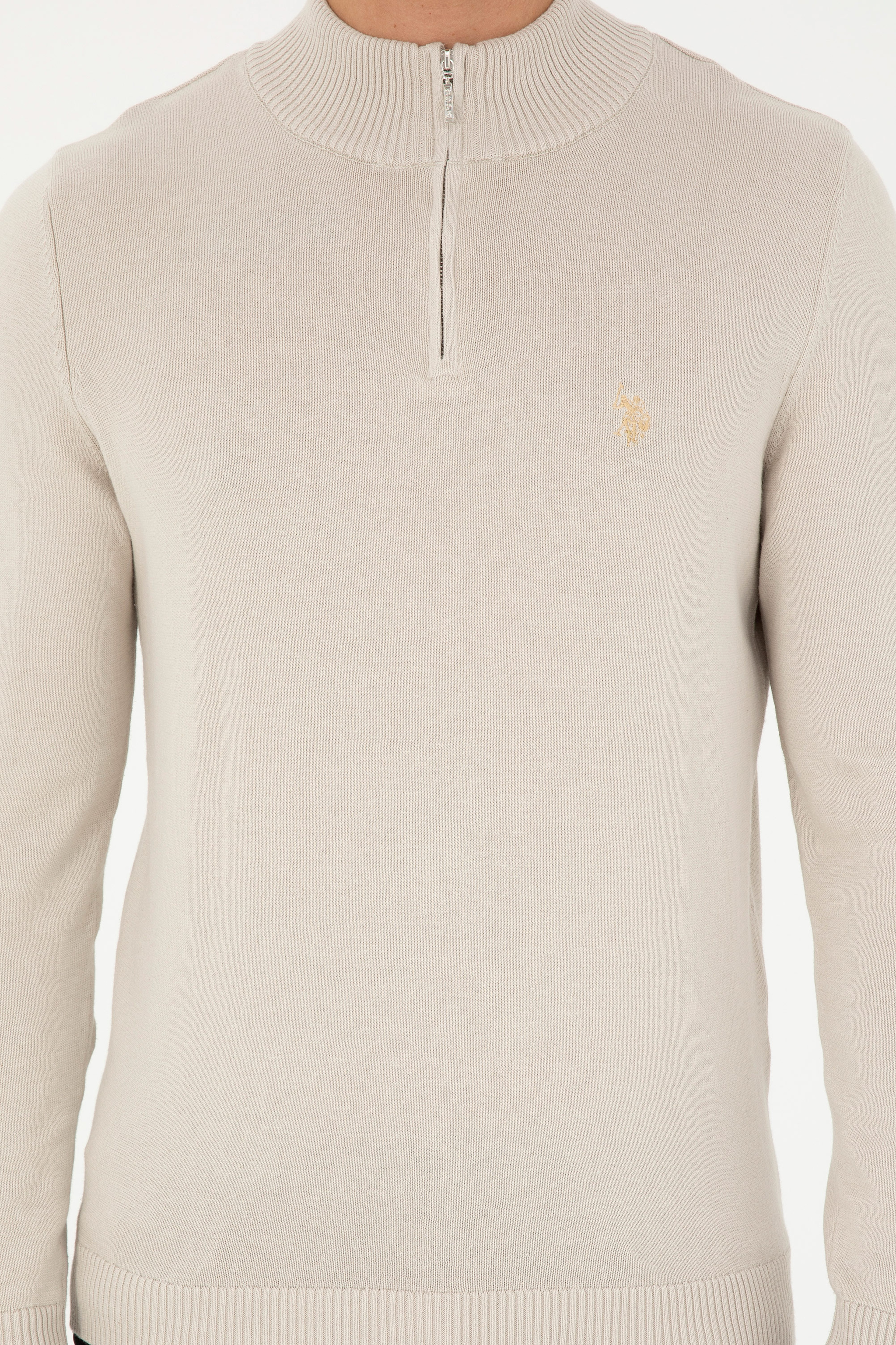 Erkek Slim Fit Yarım Fermuarlı Taş Basic Kazak - Image 6
