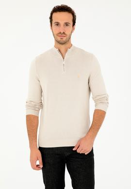 Erkek Slim Fit Yarım Fermuarlı Taş Basic Kazak - 50293517014