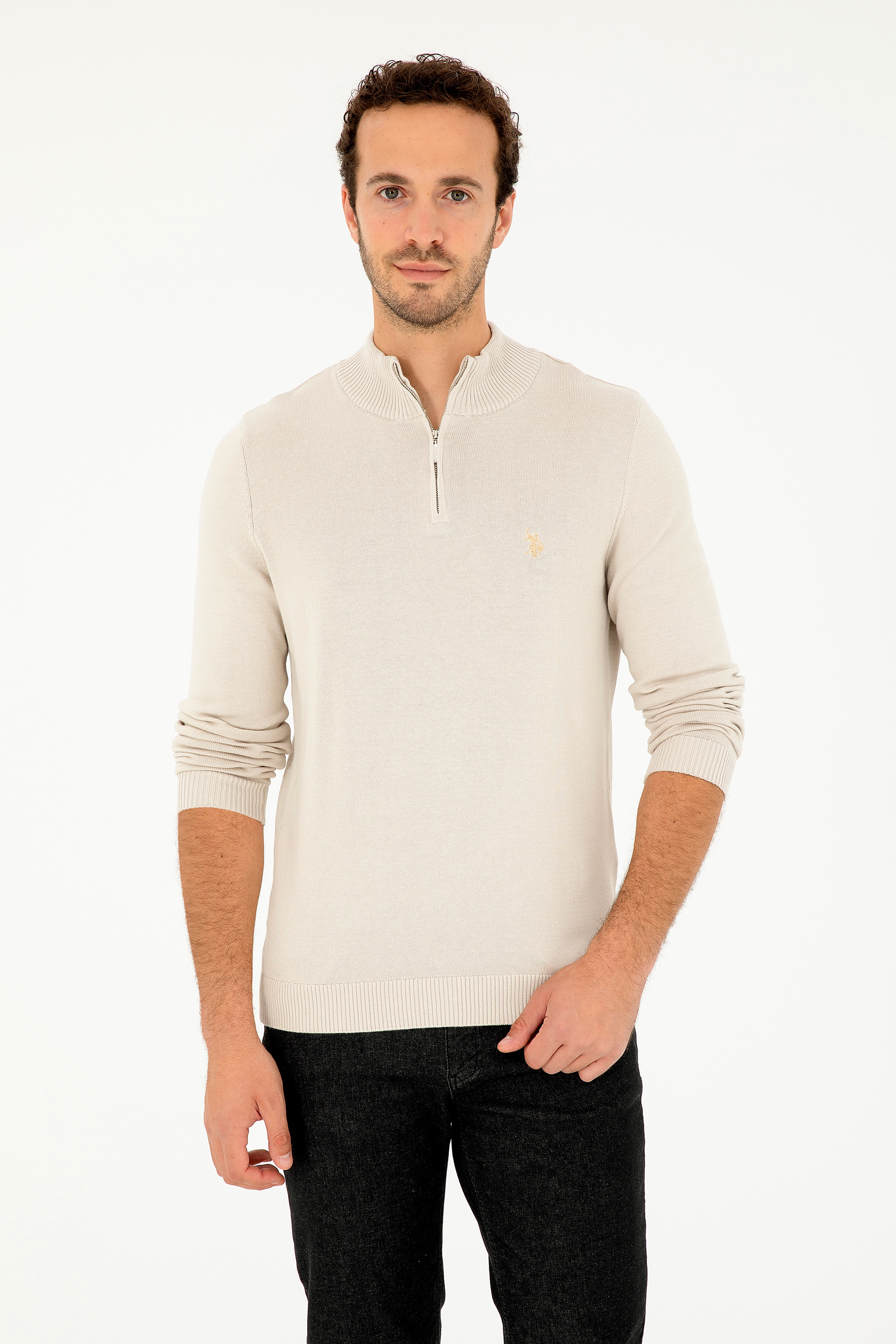 Erkek Slim Fit Yarım Fermuarlı Taş Basic Kazak - Image 1