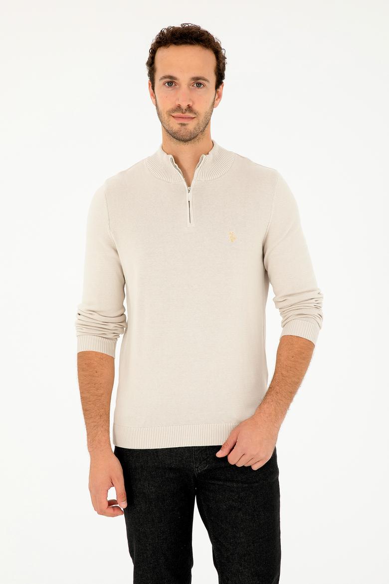 Erkek Slim Fit Yarım Fermuarlı Taş Basic Kazak