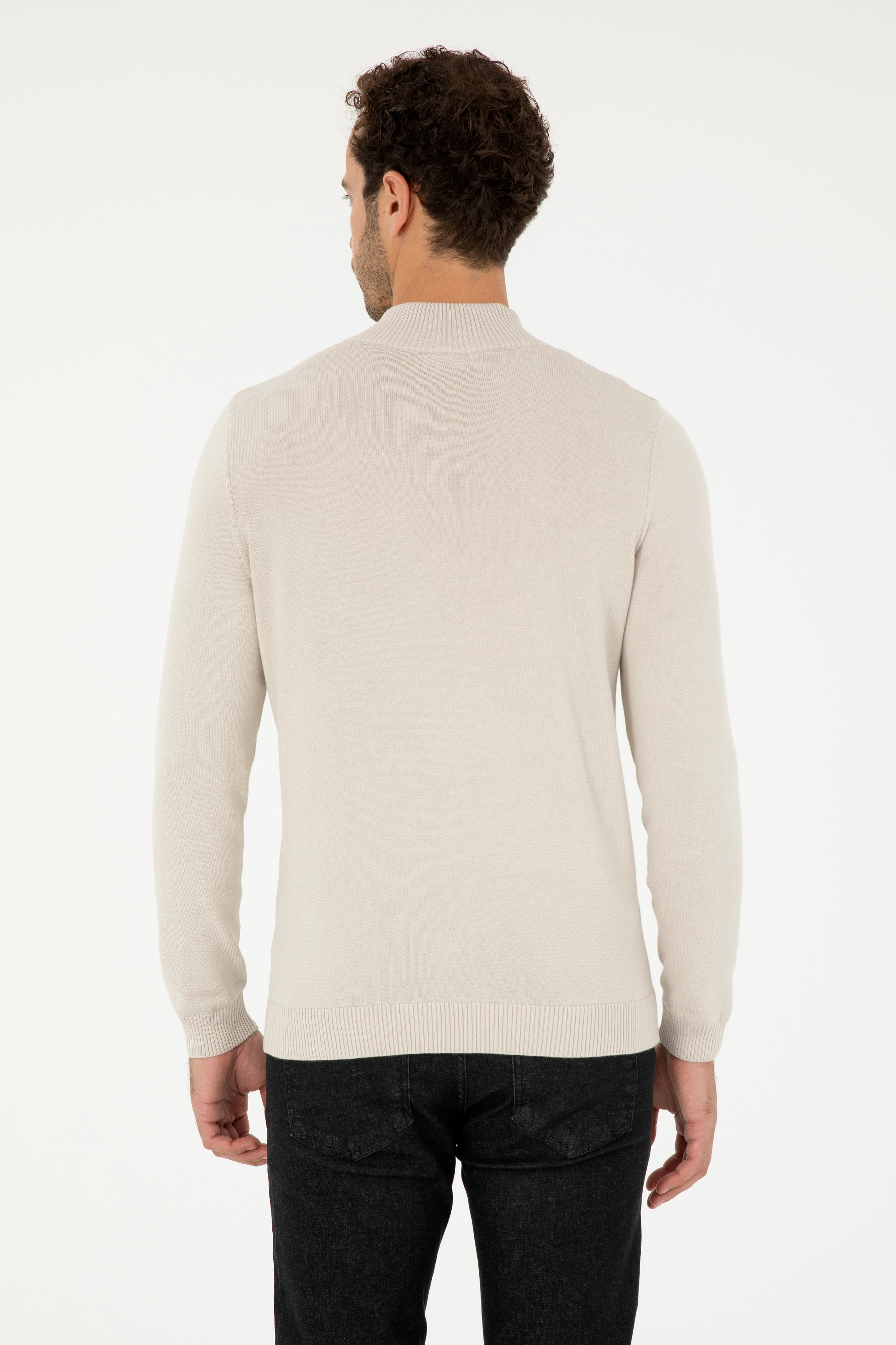 Erkek Slim Fit Yarım Fermuarlı Taş Basic Kazak