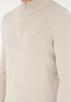 Erkek Slim Fit Yarım Fermuarlı Taş Basic Kazak - 50293517014