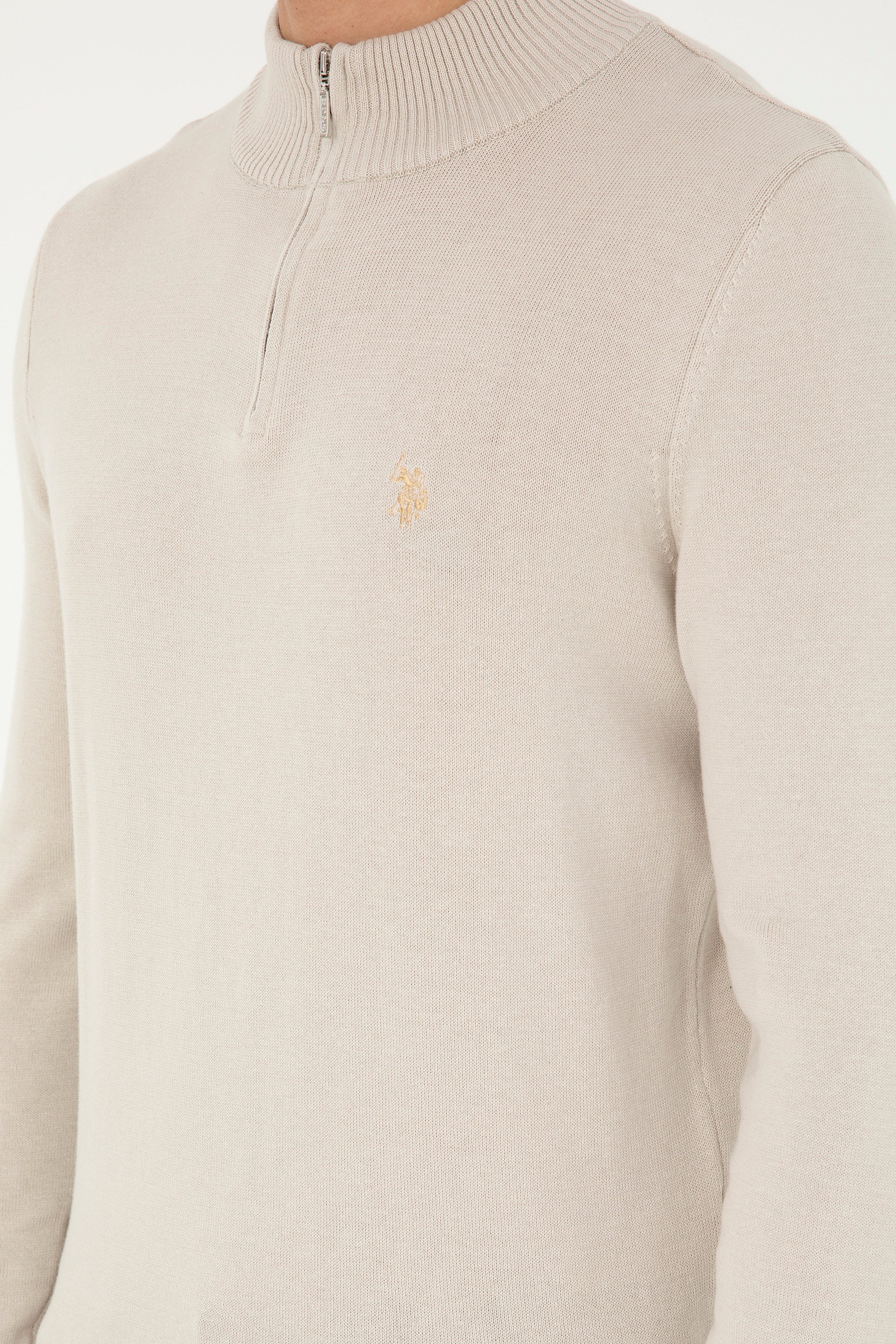 Erkek Slim Fit Yarım Fermuarlı Taş Basic Kazak - Image 7
