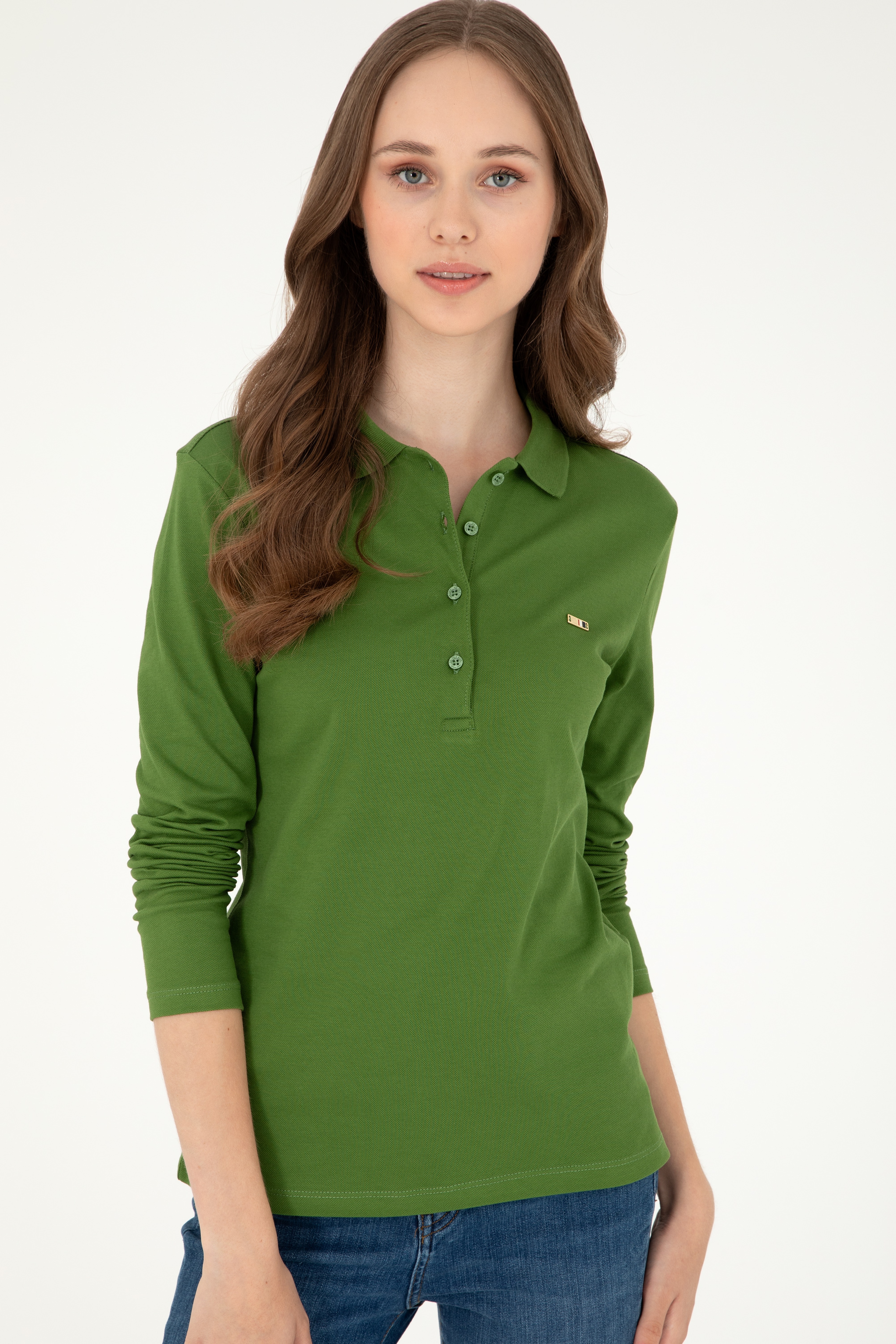 Kadın Yeşil Basic Polo Yaka Sweatshirt - Image 3