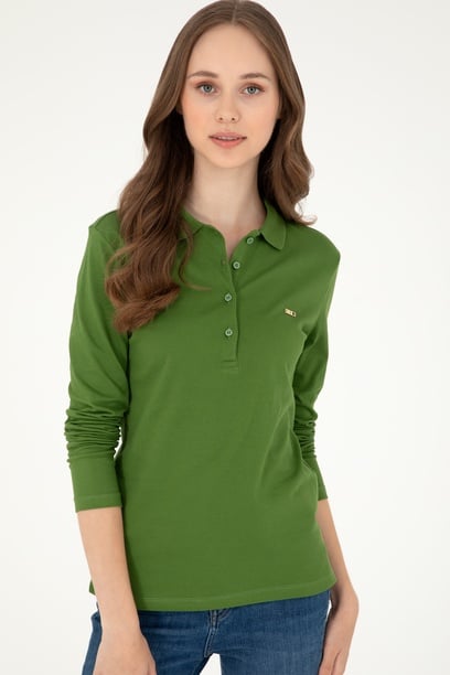 Kadın Yeşil Basic Polo Yaka Sweatshirt