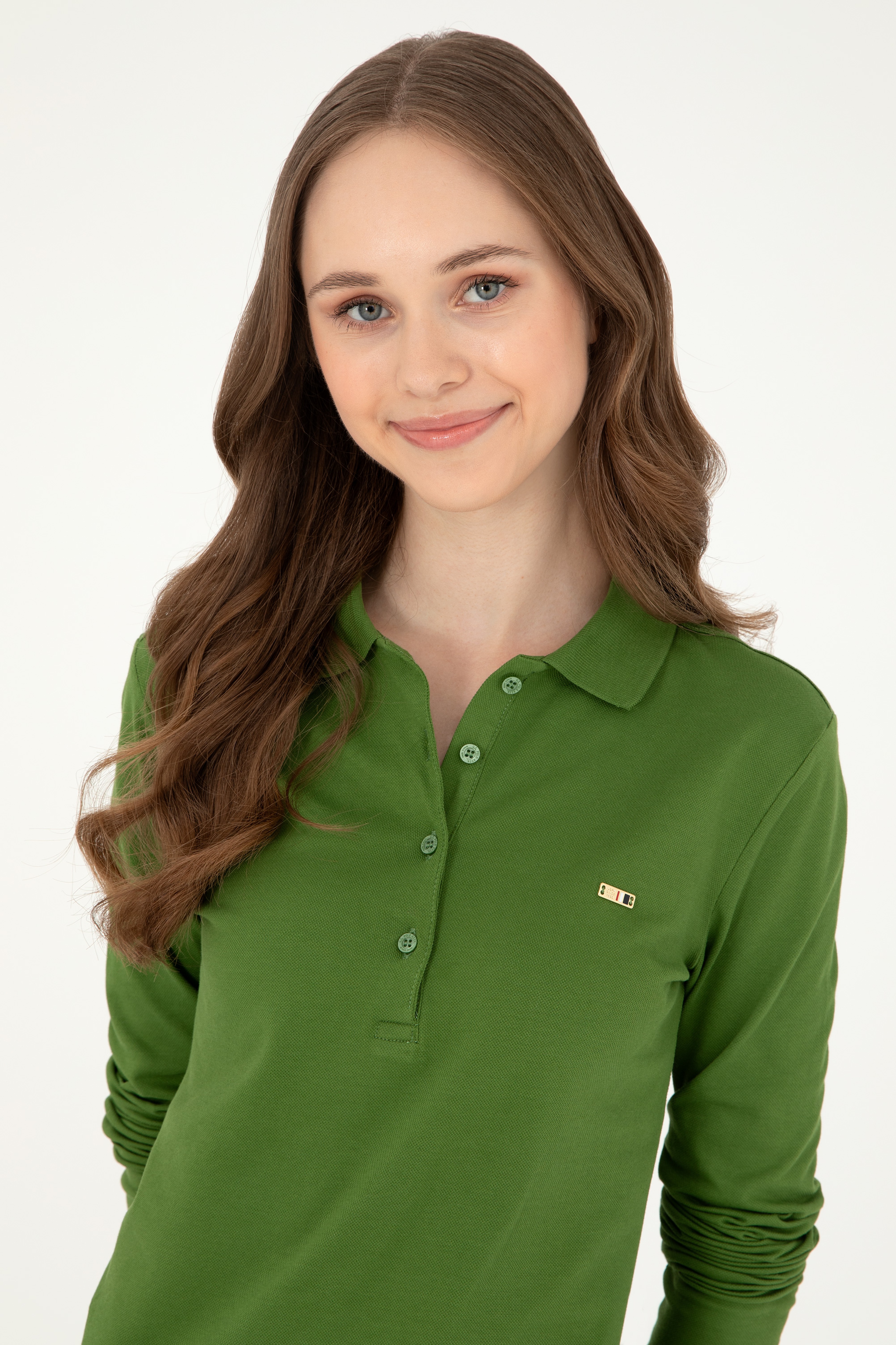 Kadın Yeşil Basic Polo Yaka Sweatshirt