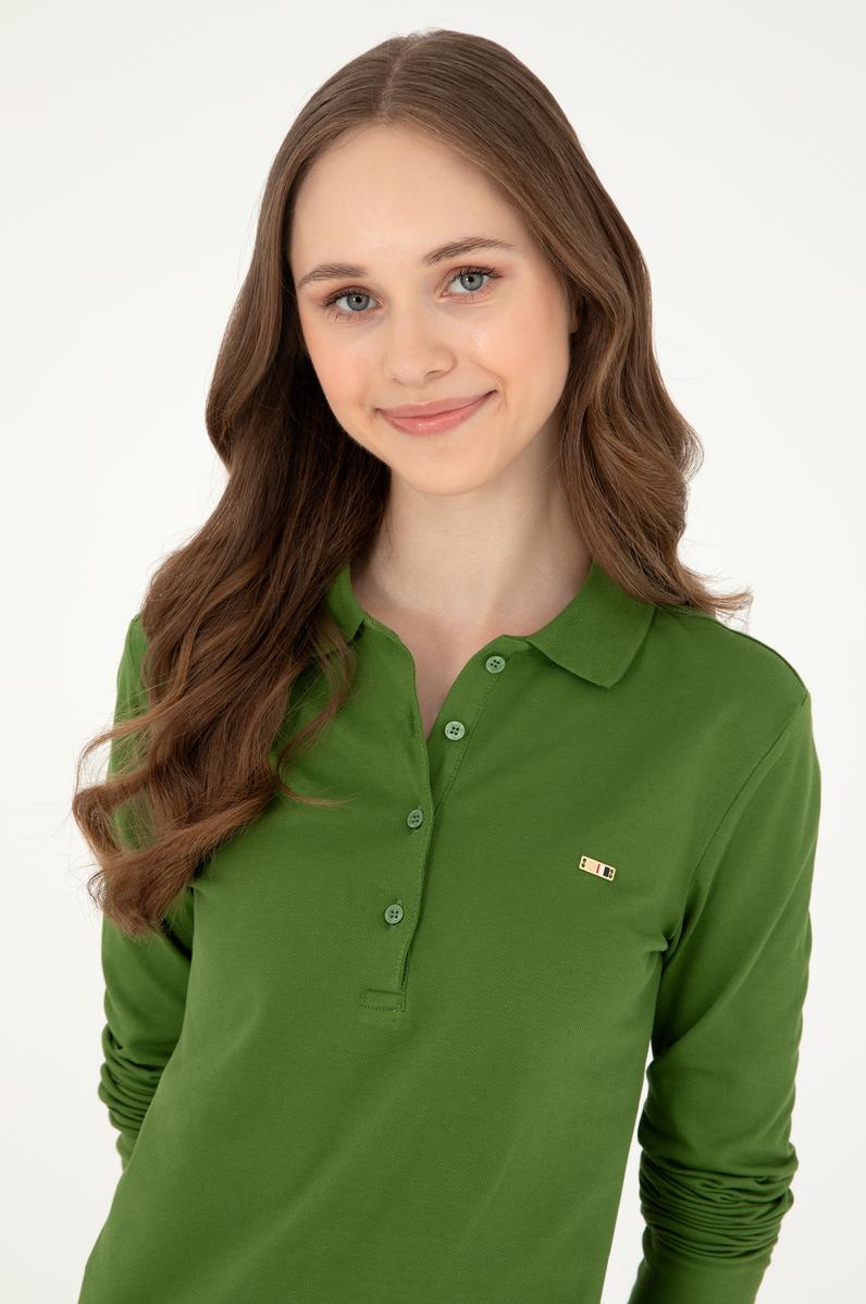 Kadın Yeşil Basic Polo Yaka Sweatshirt