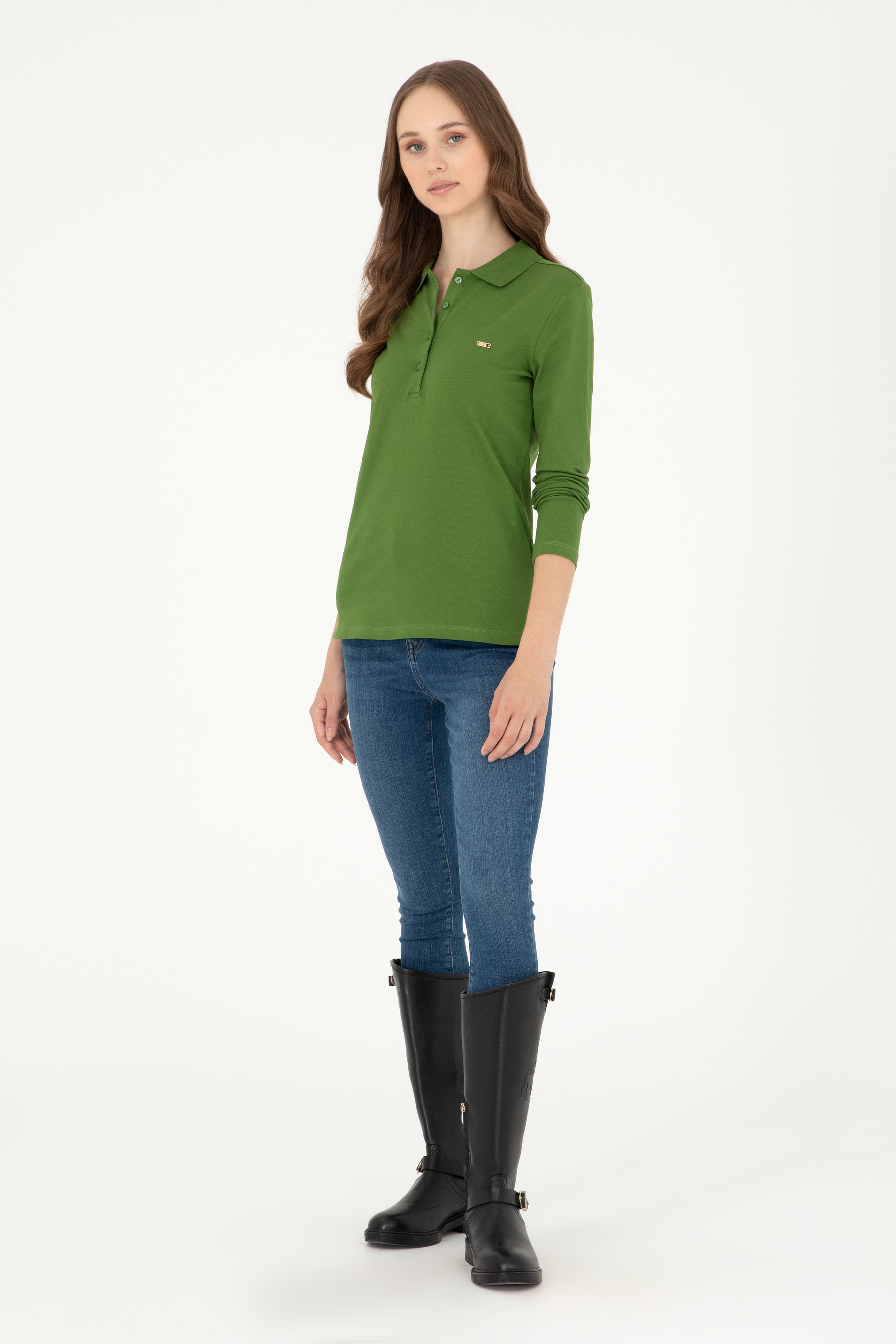 Kadın Yeşil Basic Polo Yaka Sweatshirt - Image 4