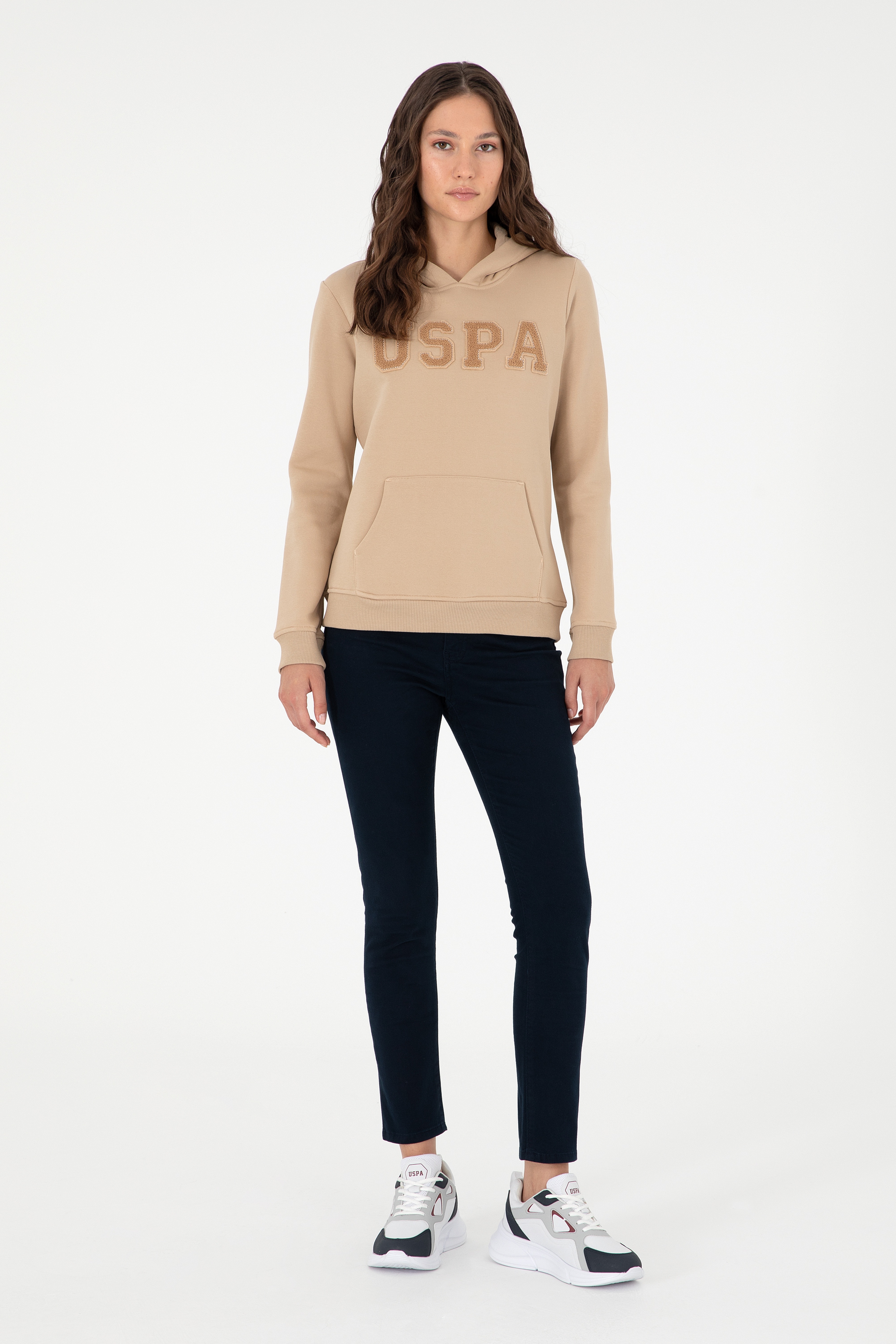 Kadın Kum Basic Kapüşonlu Sweatshirt - Image 4