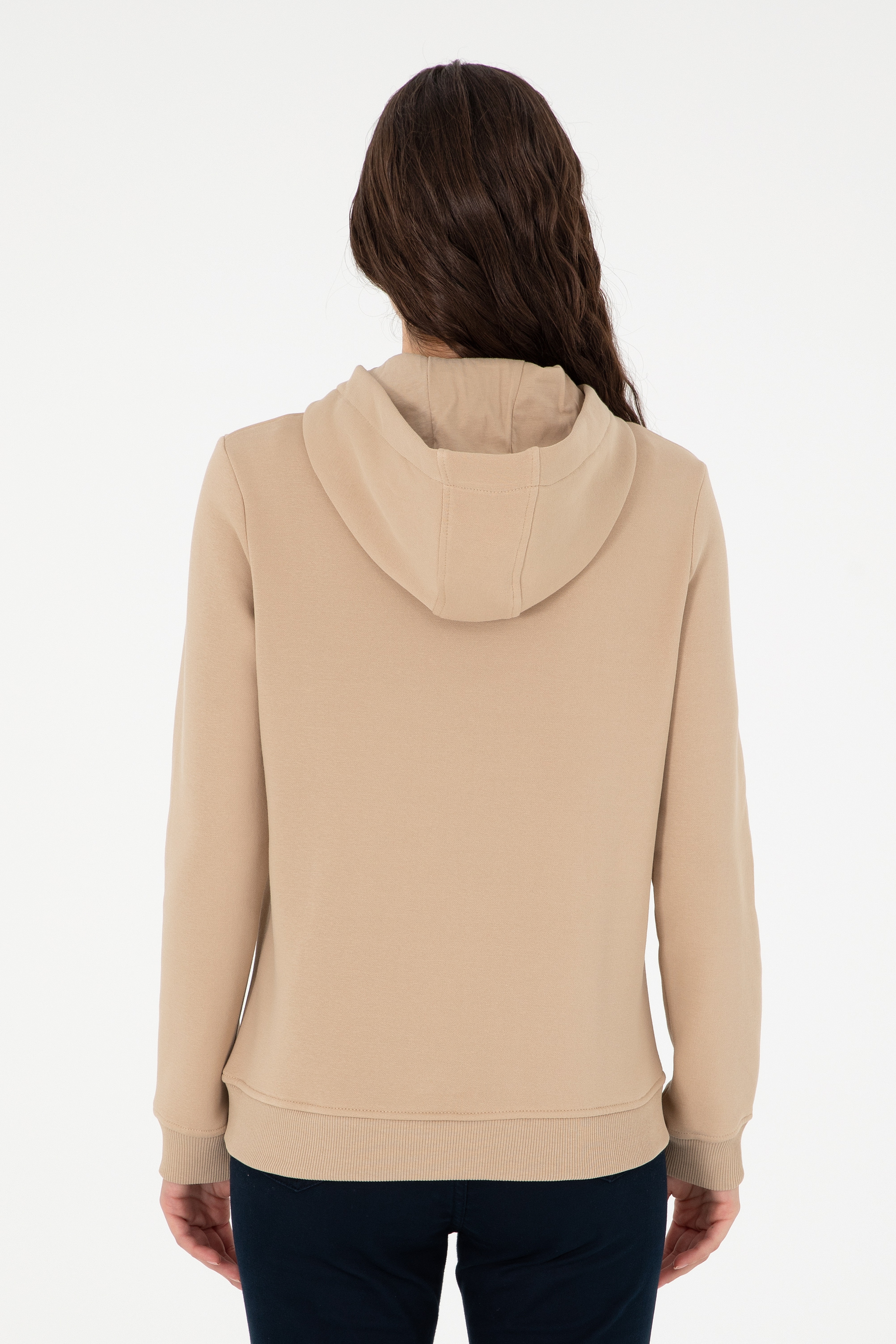Kadın Kum Basic Kapüşonlu Sweatshirt - Image 5