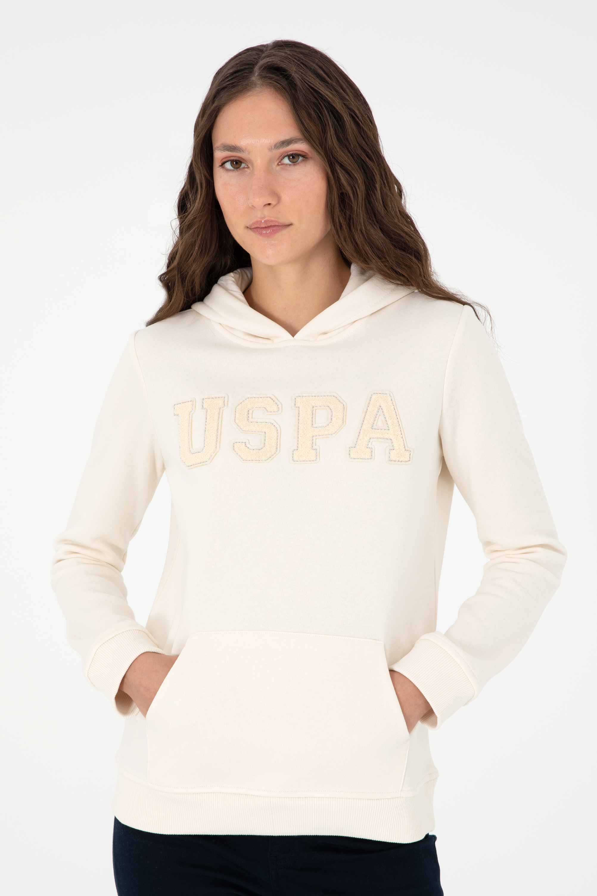 Kadın Krem Basic Kapüşonlu Sweatshirt - Image 3