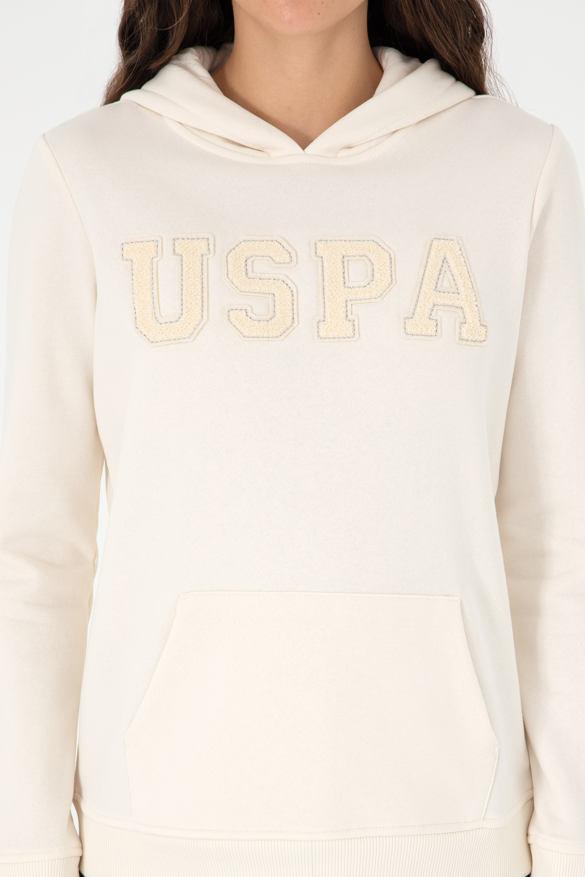 Kadın Krem Basic Kapüşonlu Sweatshirt - Image 6