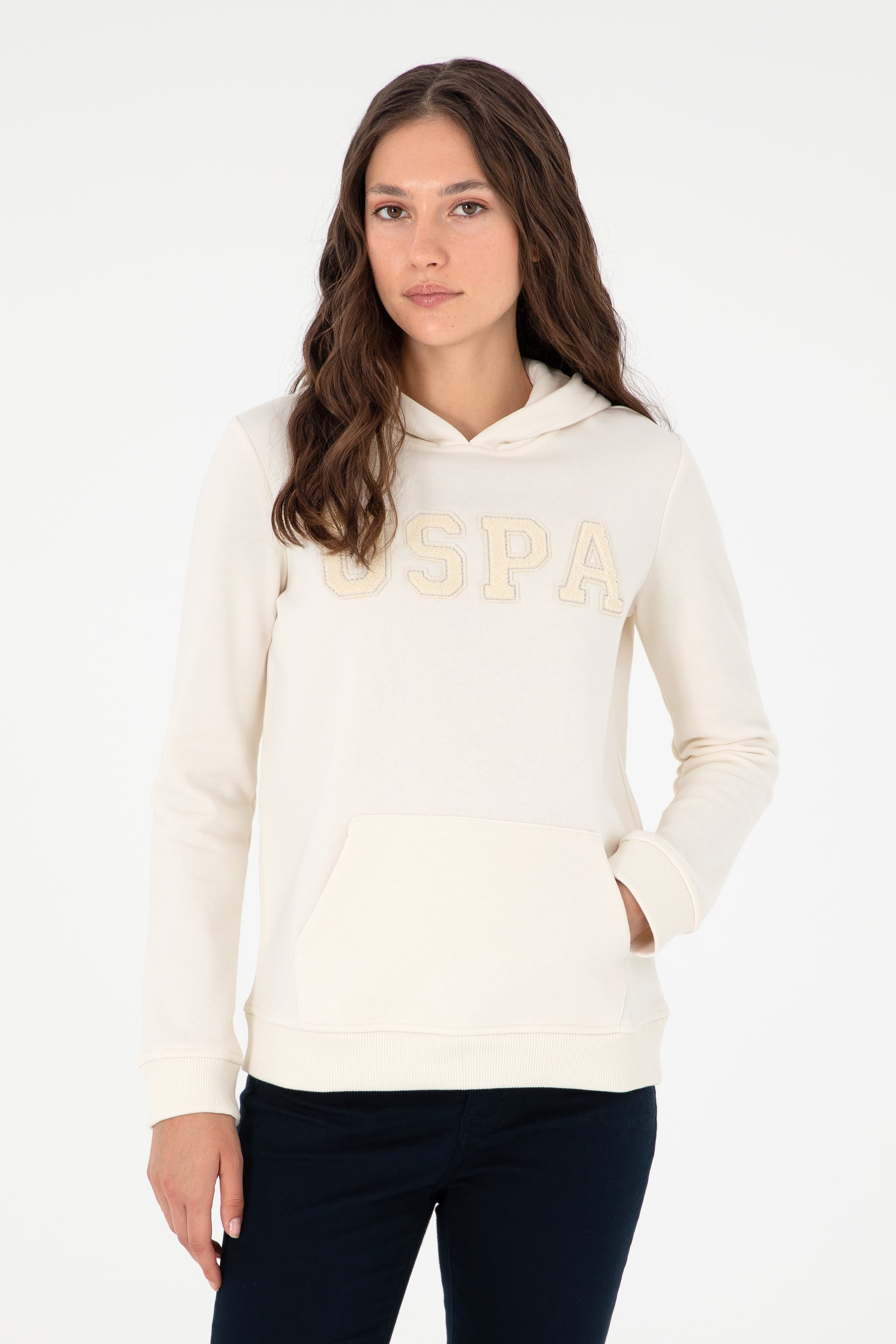 Kadın Krem Basic Kapüşonlu Sweatshirt - Image 1