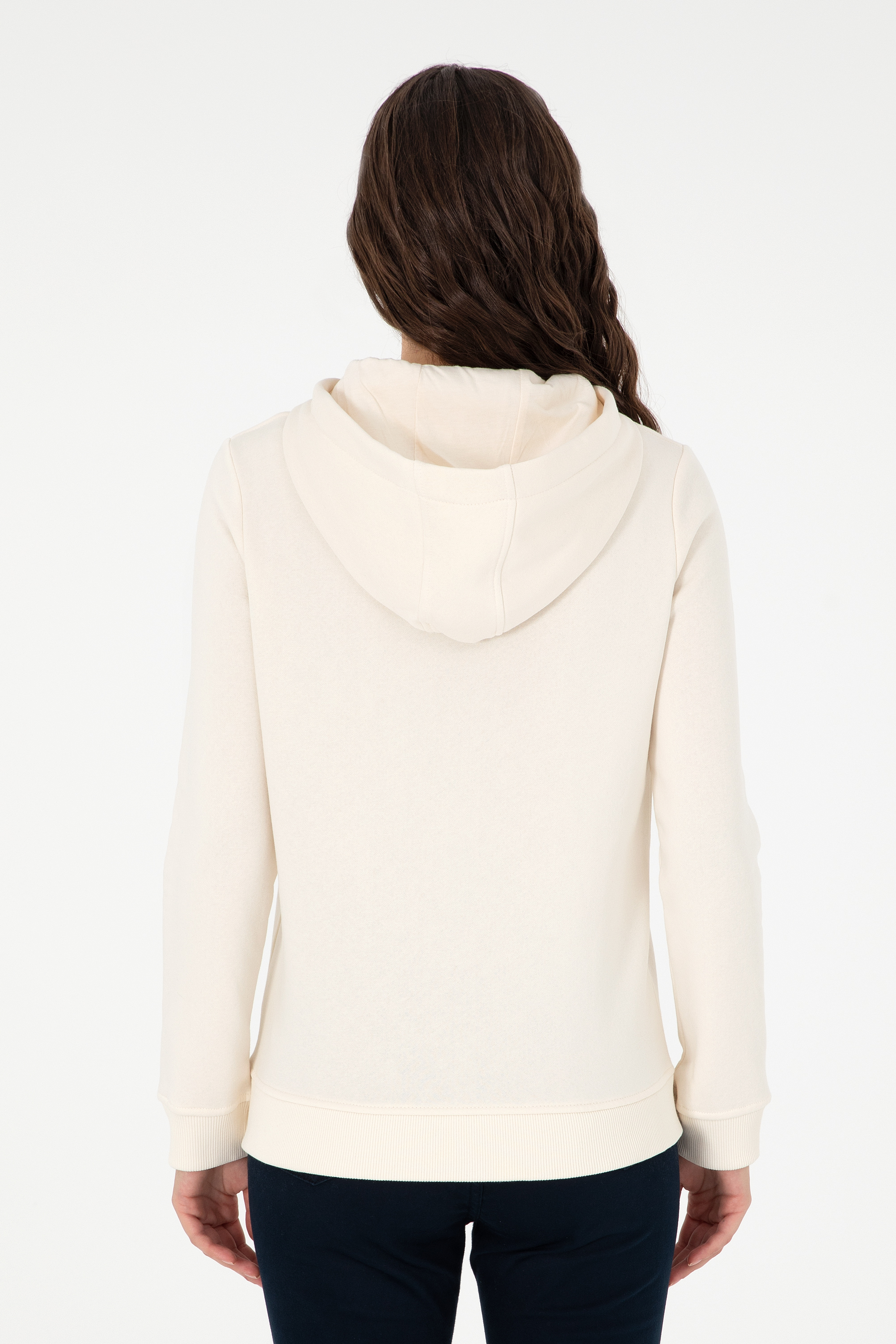 Kadın Krem Basic Kapüşonlu Sweatshirt - Image 5