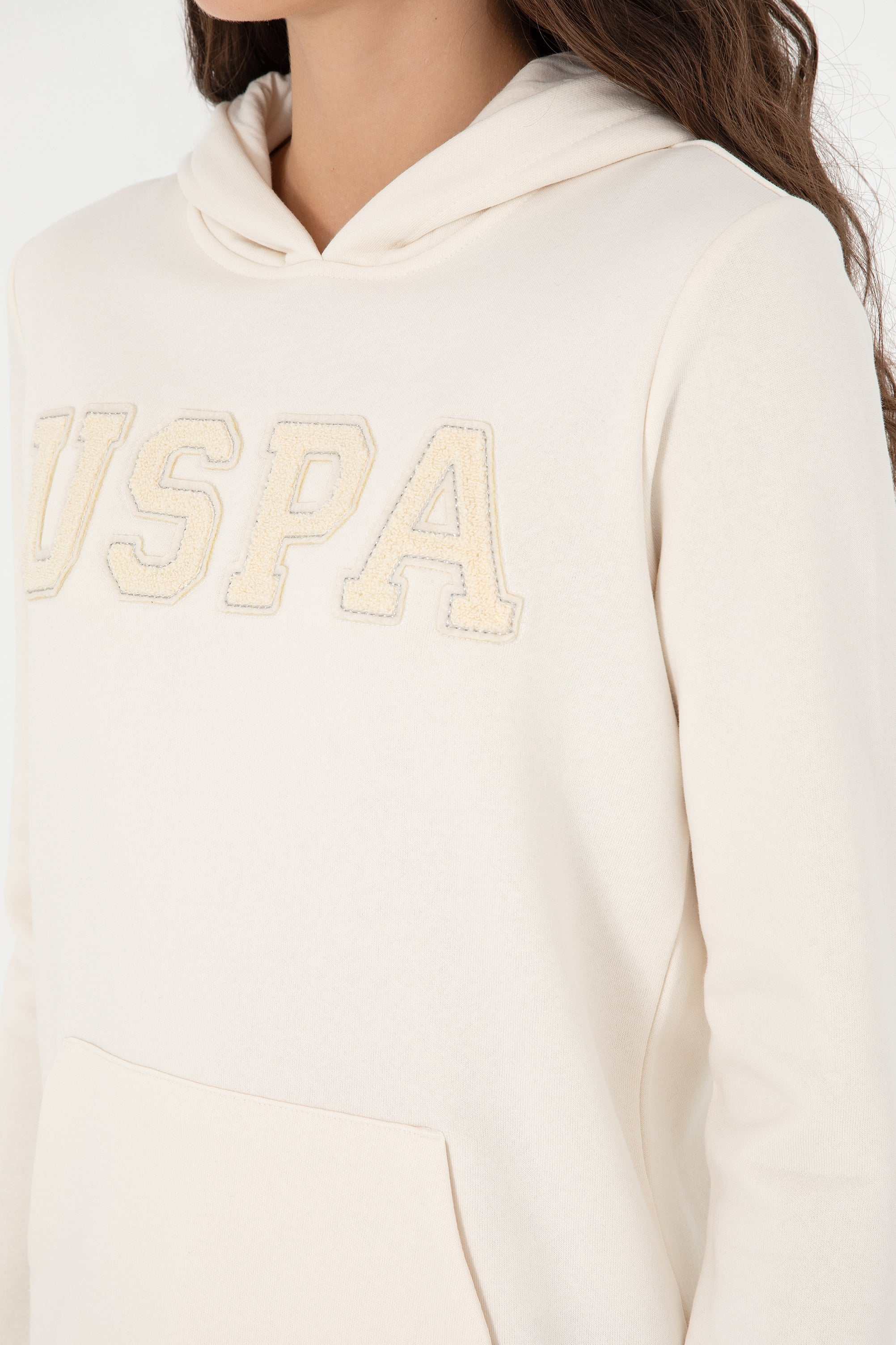 Kadın Krem Basic Kapüşonlu Sweatshirt