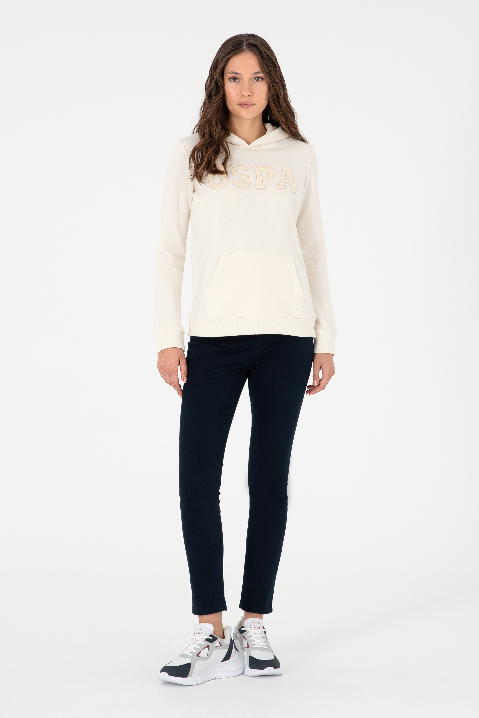 Kadın Krem Basic Kapüşonlu Sweatshirt - Image 4