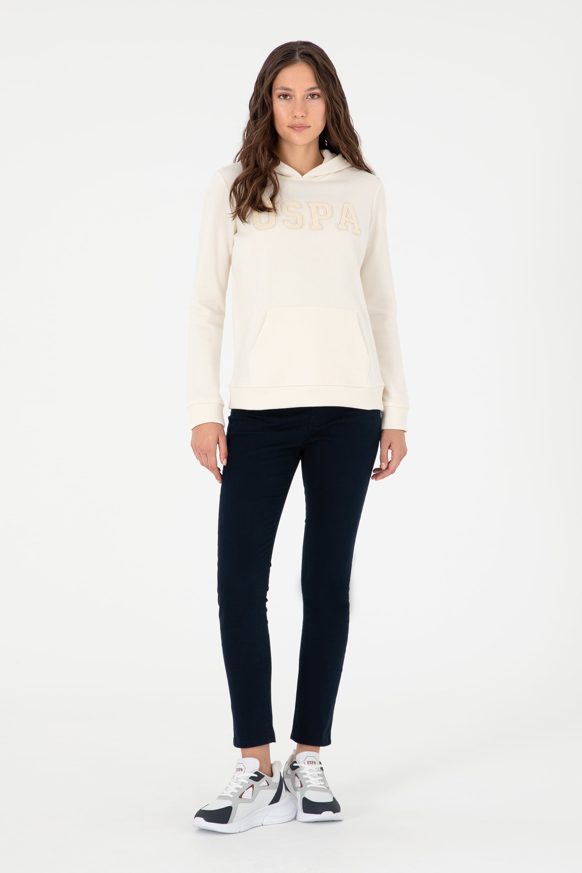 Kadın Krem Basic Kapüşonlu Sweatshirt