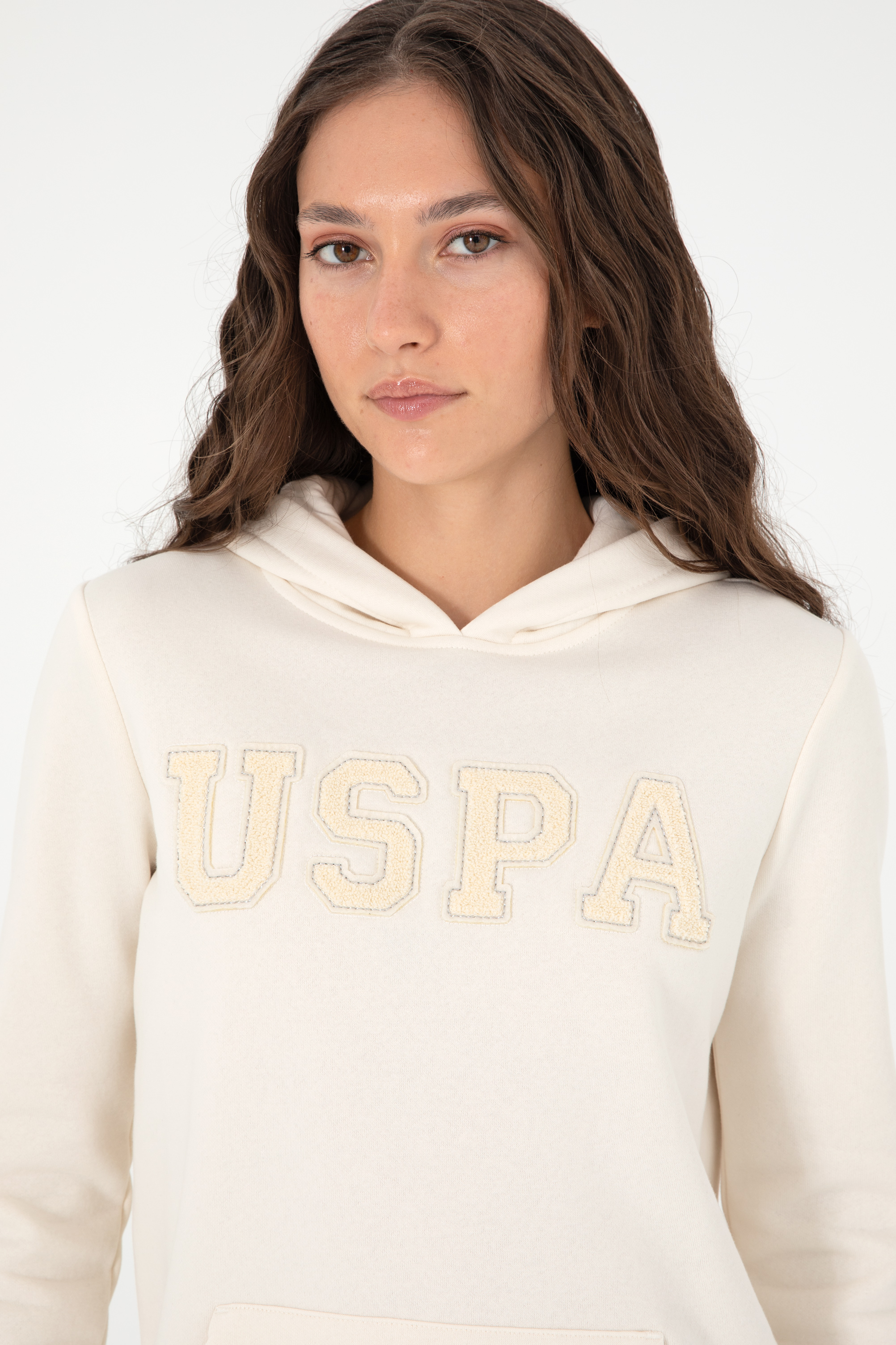 Kadın Krem Basic Kapüşonlu Sweatshirt - Image 2