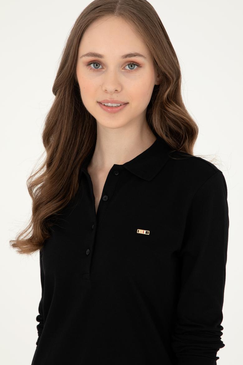 Kadın Siyah Basic Polo Yaka Sweatshirt - 50296941009