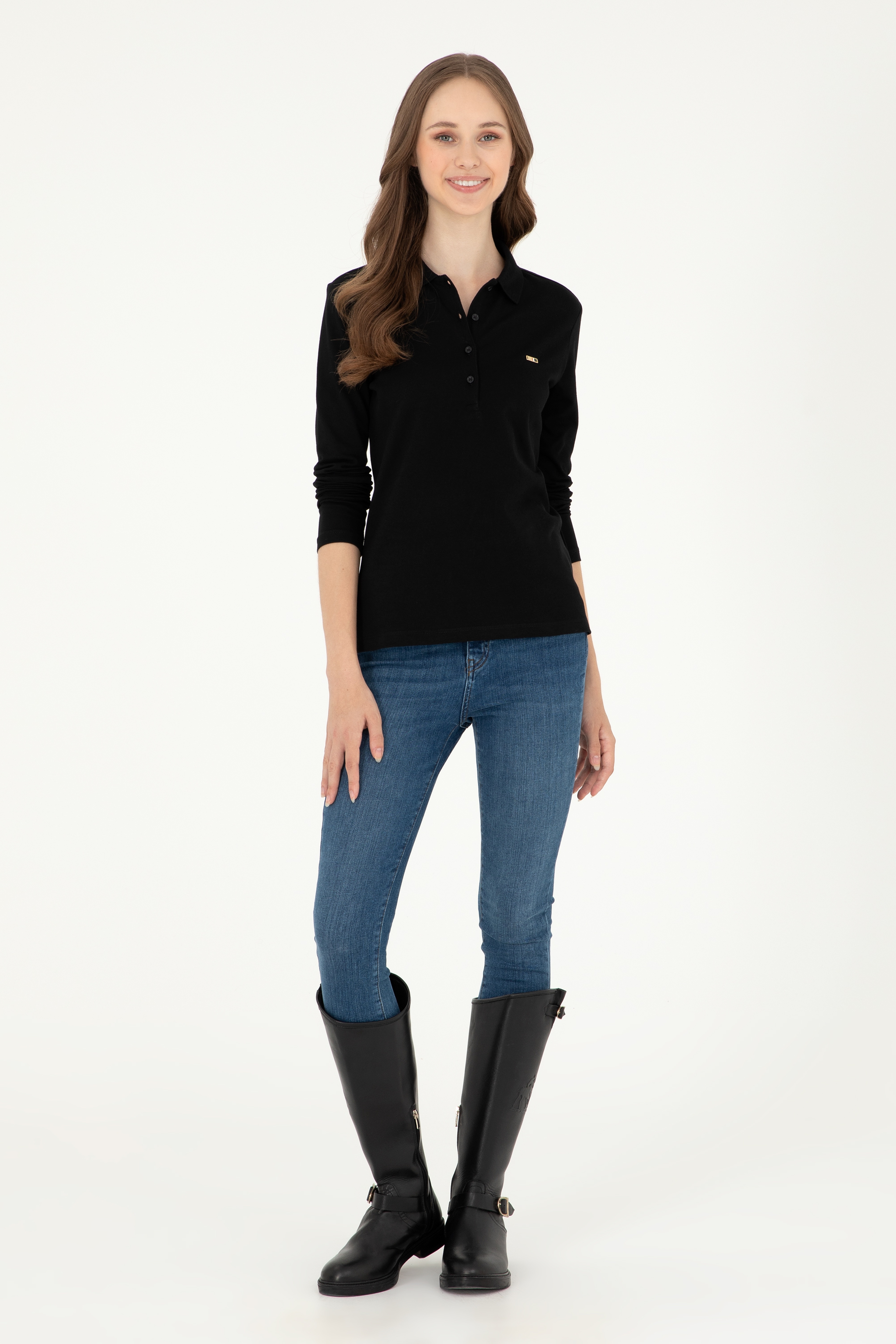 Kadın Siyah Basic Polo Yaka Sweatshirt - Image 4