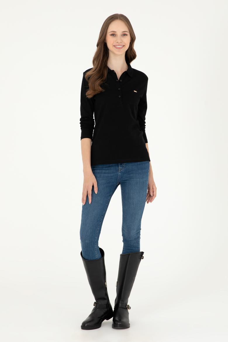 Kadın Siyah Basic Polo Yaka Sweatshirt - 50296941009