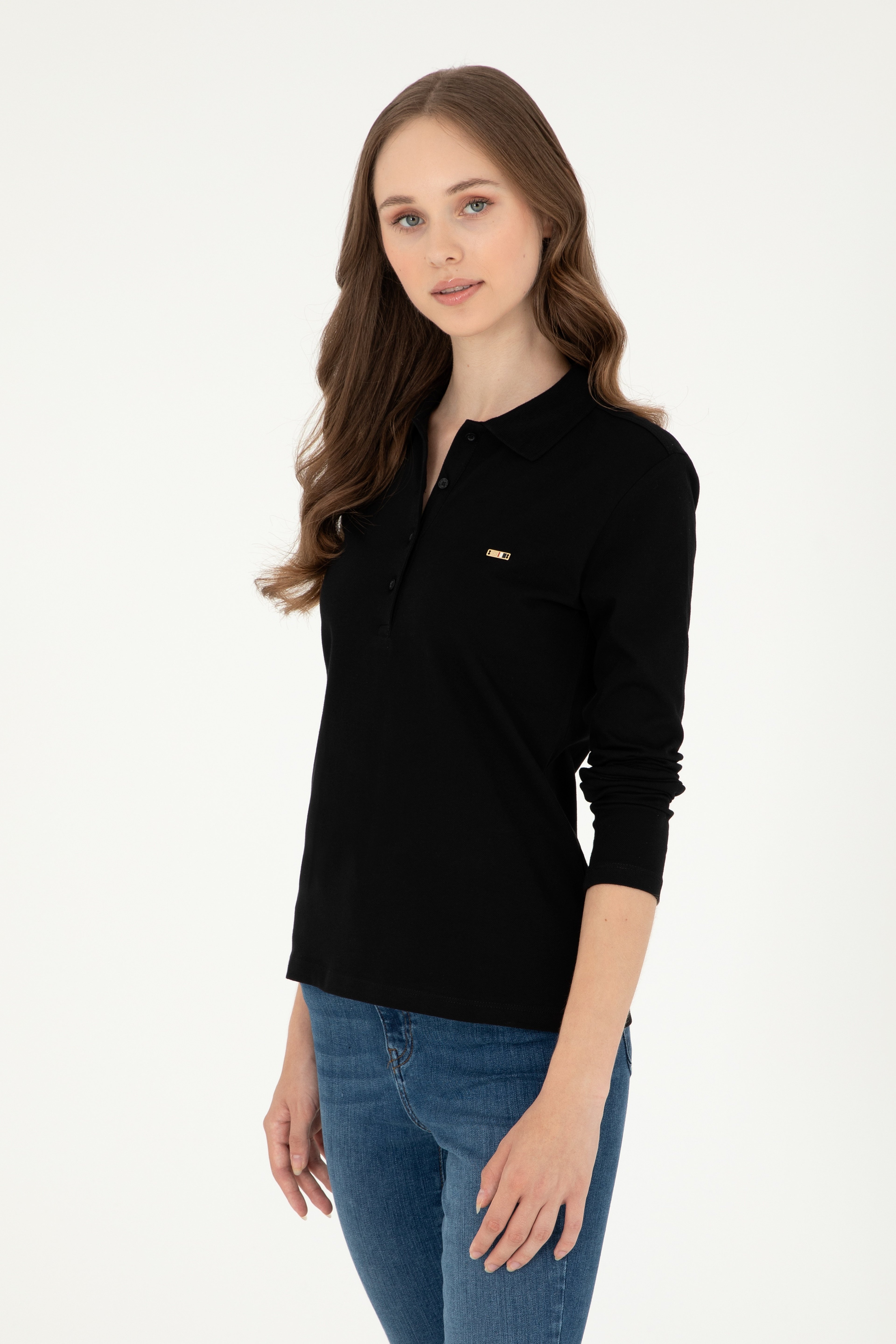Kadın Siyah Basic Polo Yaka Sweatshirt - Image 1