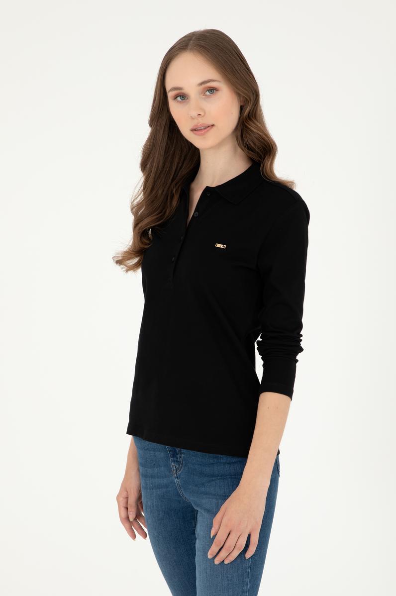 Kadın Siyah Basic Polo Yaka Sweatshirt