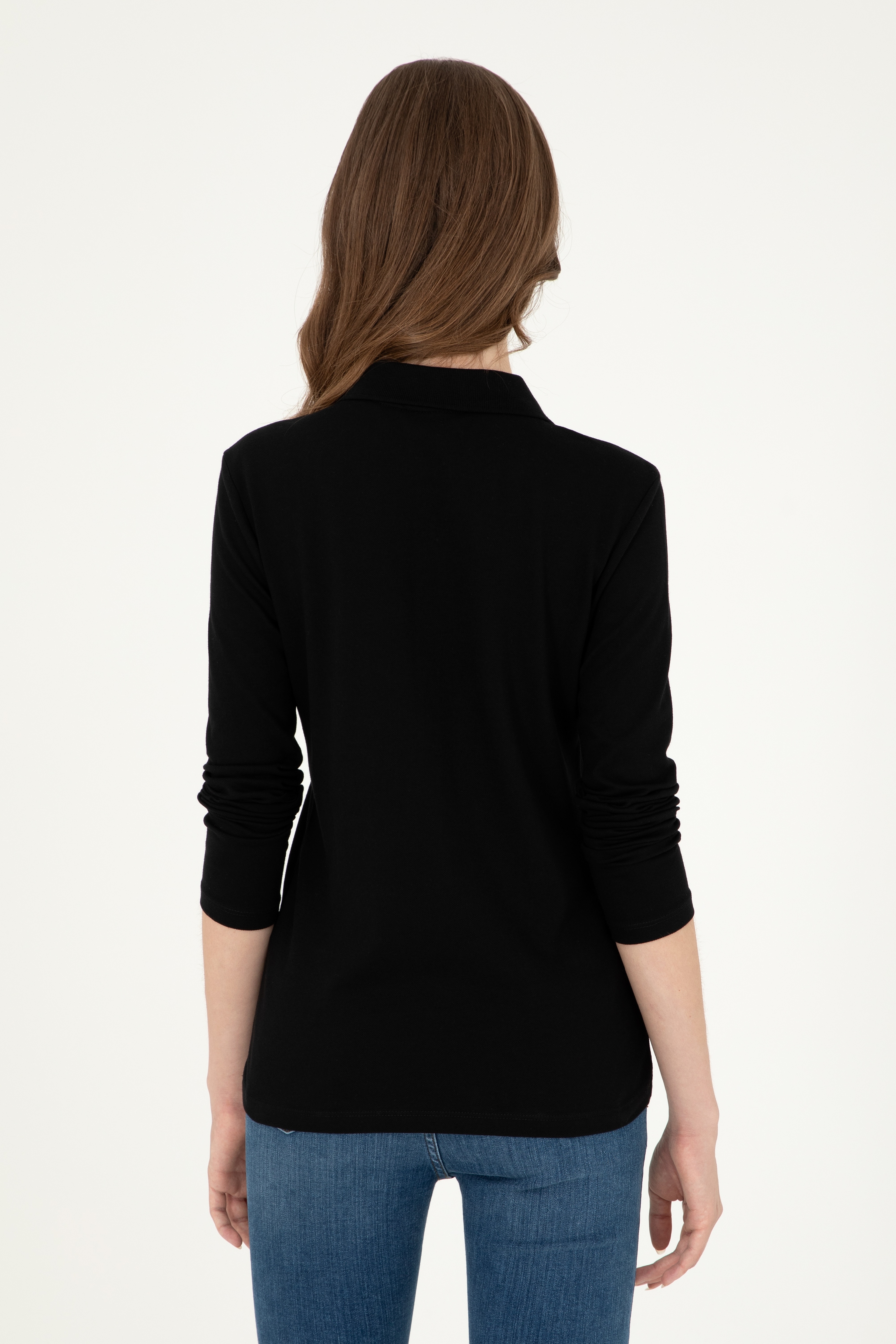Kadın Siyah Basic Polo Yaka Sweatshirt